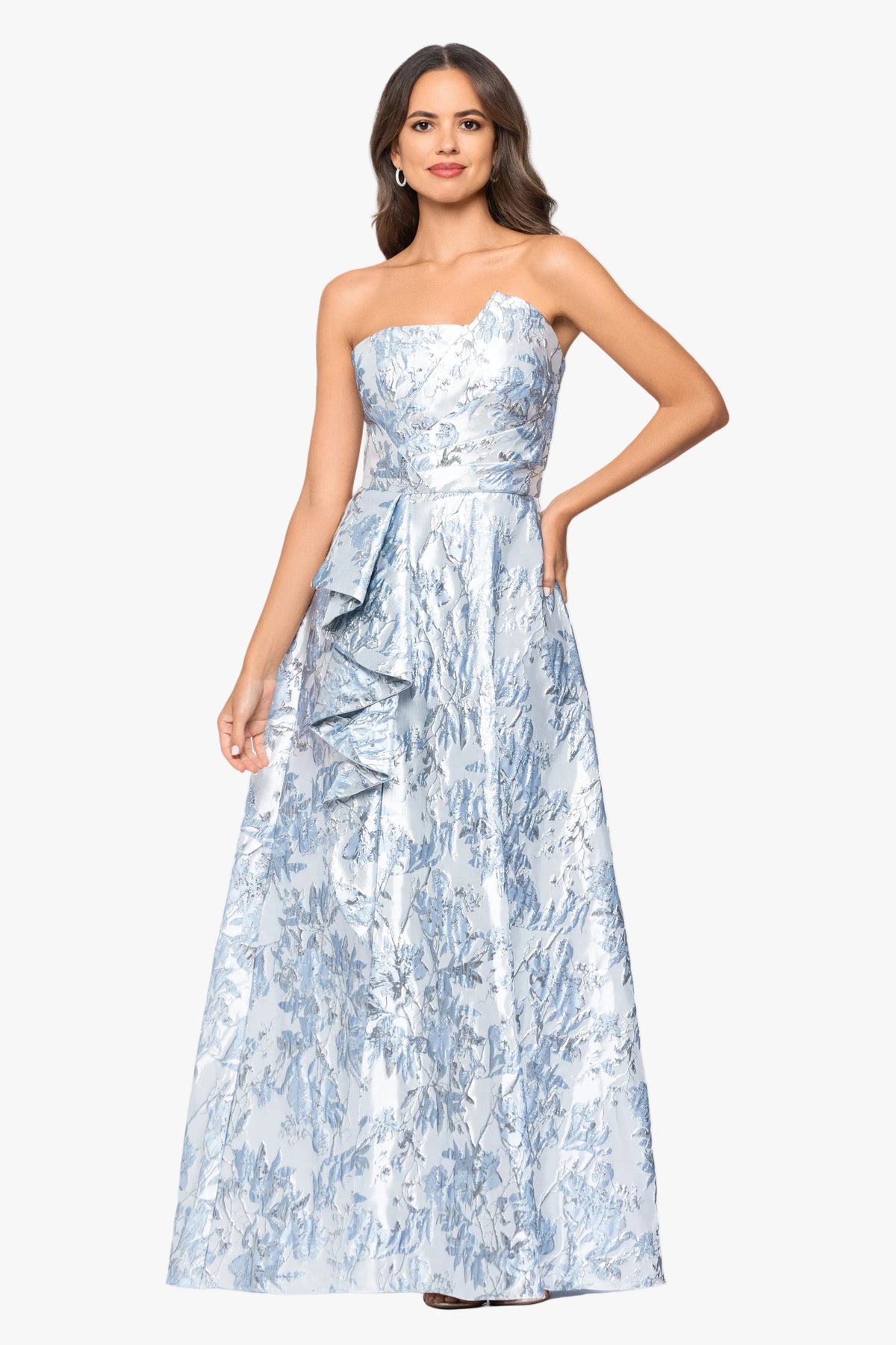 "Cheryl" Brocade Off Shoulder Ruffle Gown