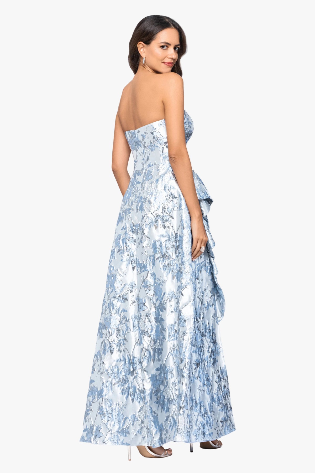 "Cheryl" Brocade Off Shoulder Ruffle Gown