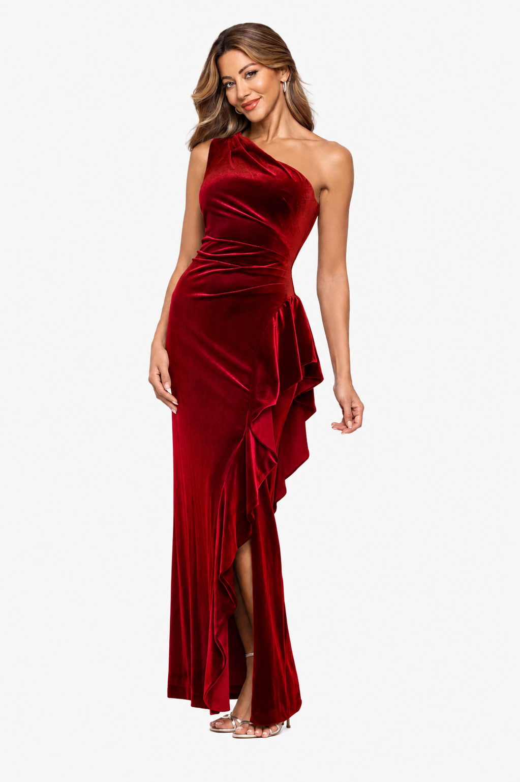 "Gemma" Stretch Velvet One Shoulder Ruffle Dress