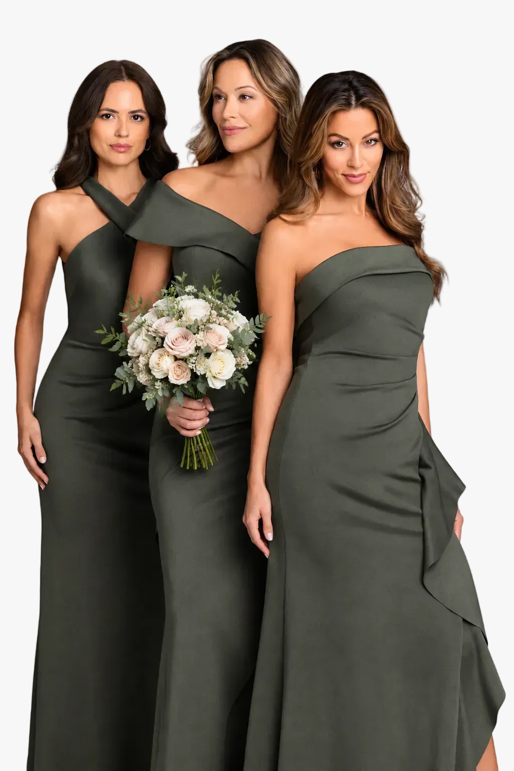 Three bridesmaids wearing different style evening dresses in the techno scuba olive fabric.