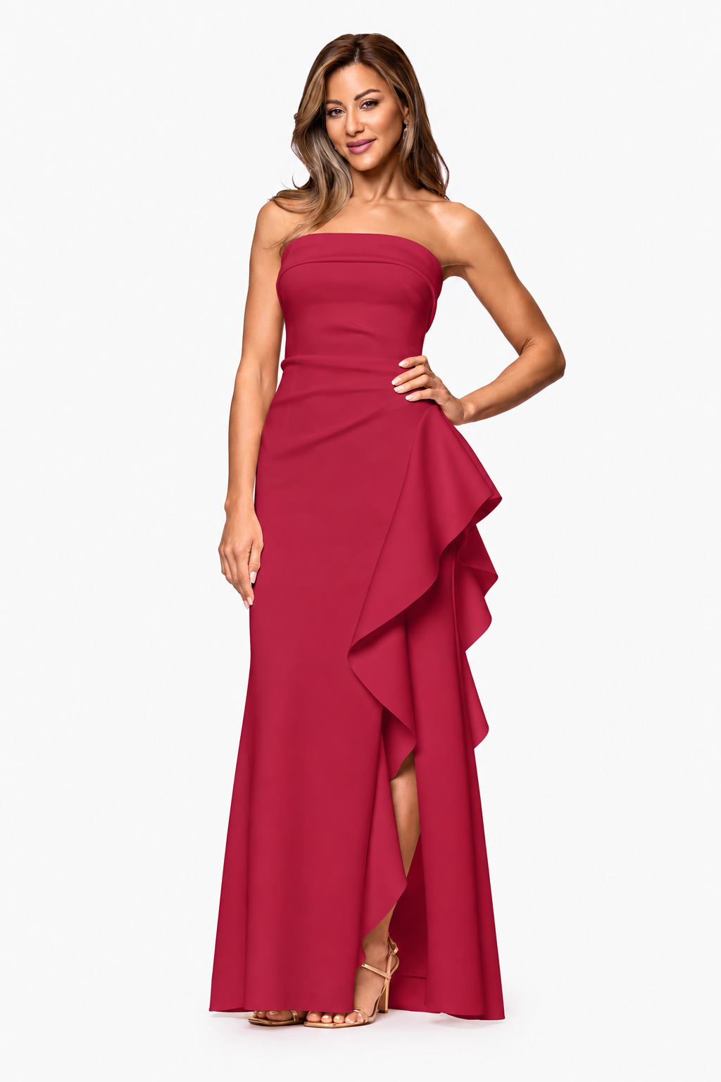 "Jacqueline" Techno Scuba Strapless Ruffle Dress