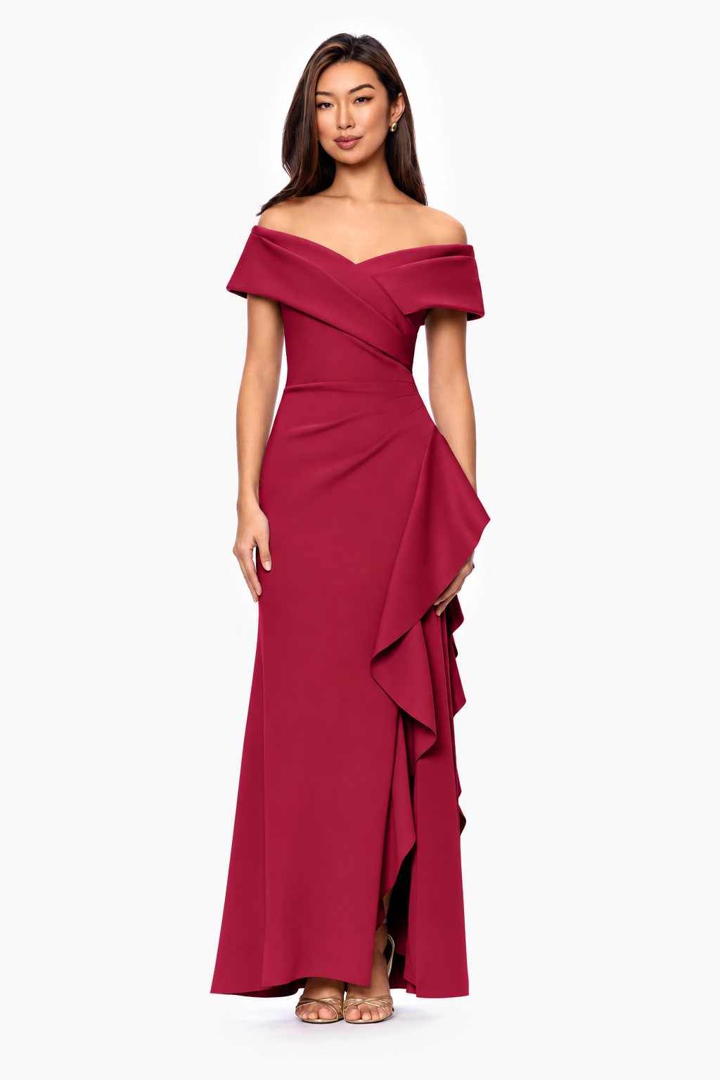 Petite "Pearl" Techno Scuba Off the Shoulder Ruffle Dress