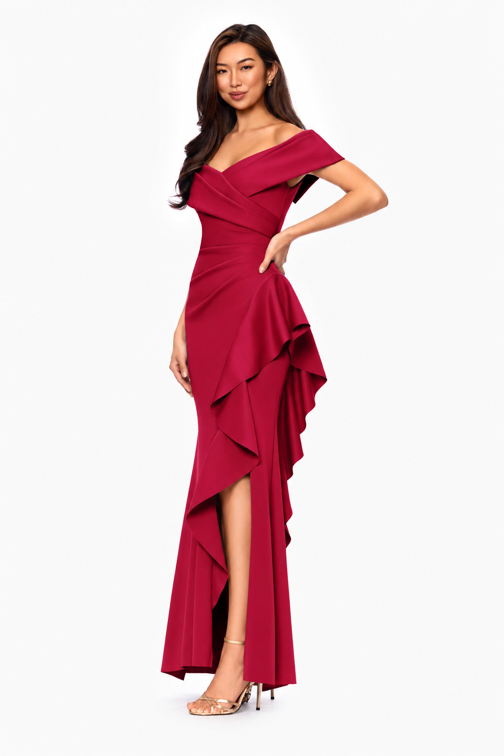 Petite "Pearl" Techno Scuba Off the Shoulder Ruffle Dress