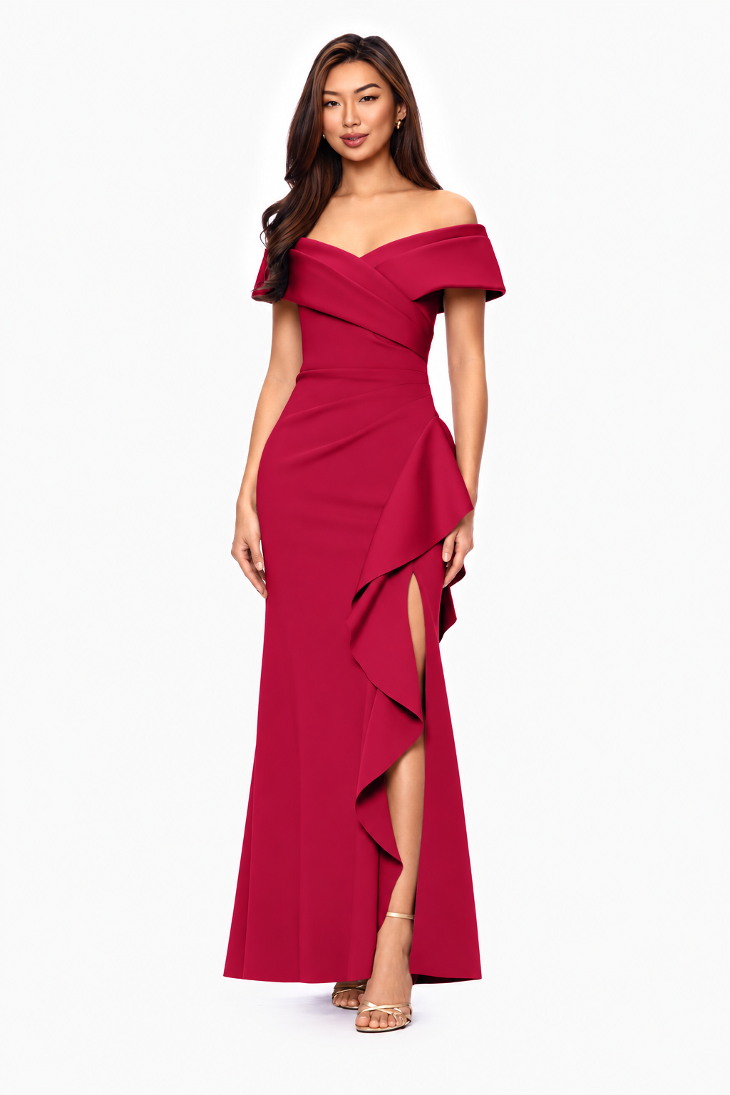Petite "Pearl" Techno Scuba Off the Shoulder Ruffle Dress