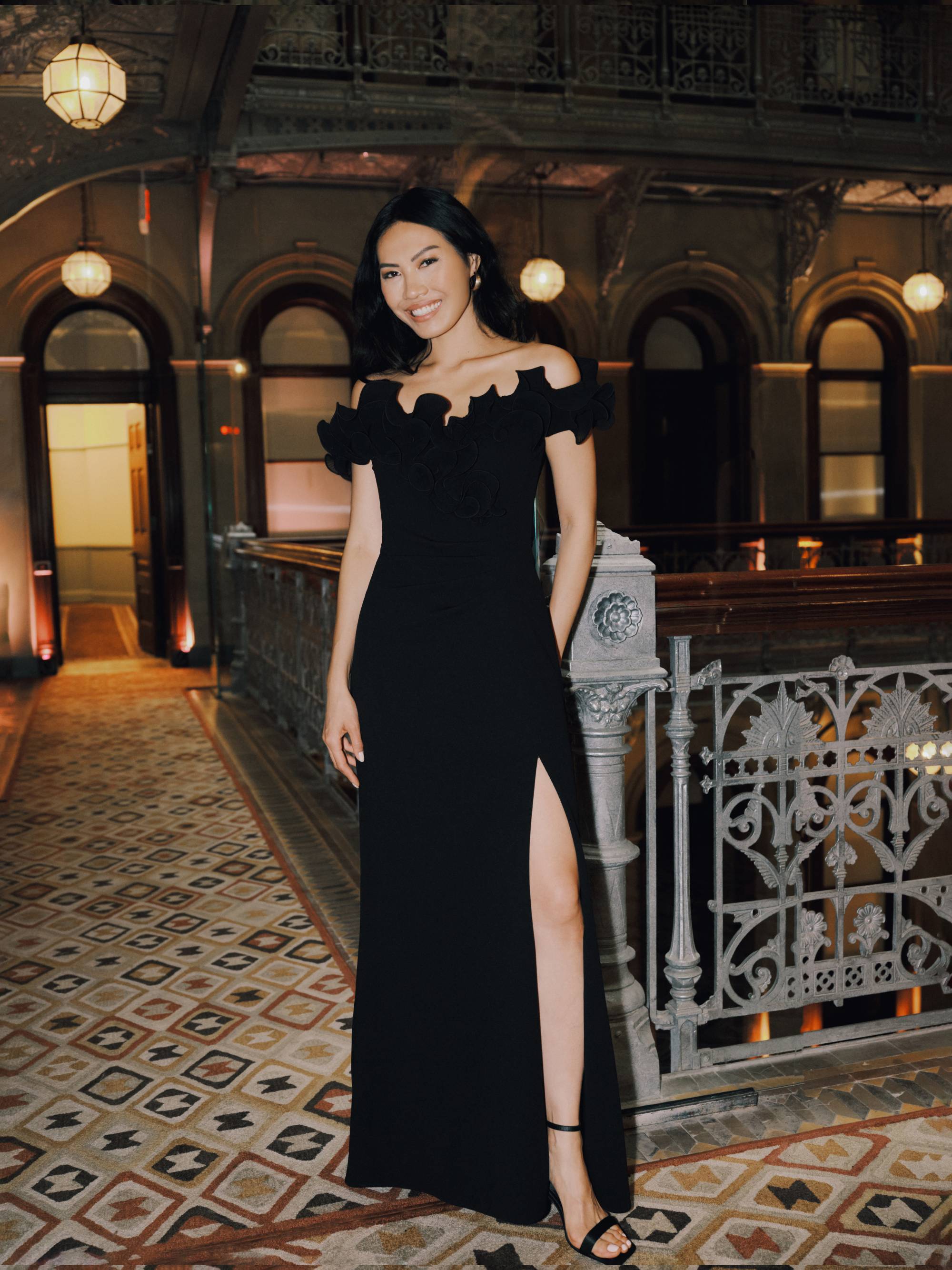 Petite "Anya" Scuba Crepe Off the Shoulder Chiffon Ruffle Neckline Floor Length Dress