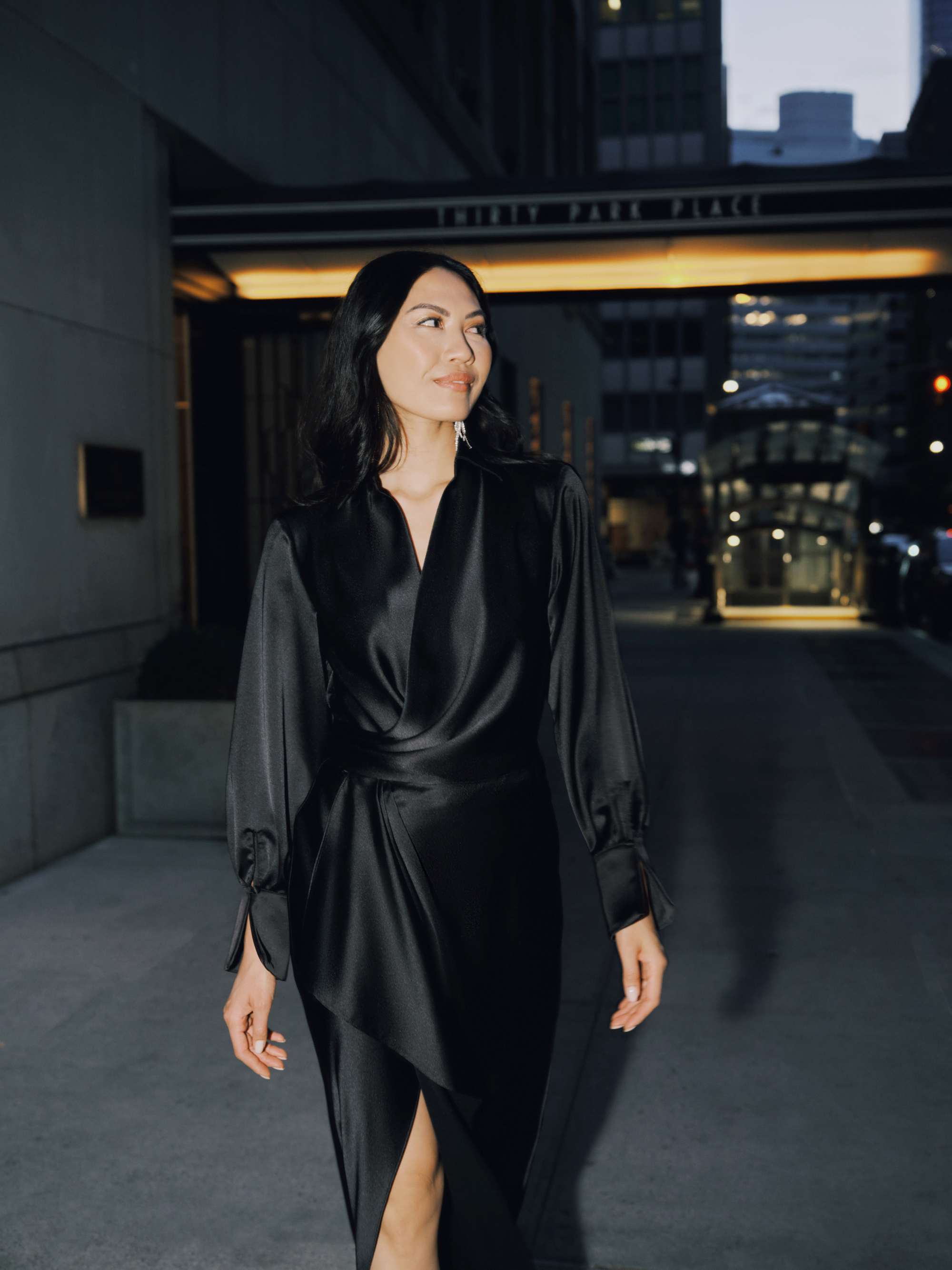 "Emery" Long Satin Long Sleeve Collared Dress