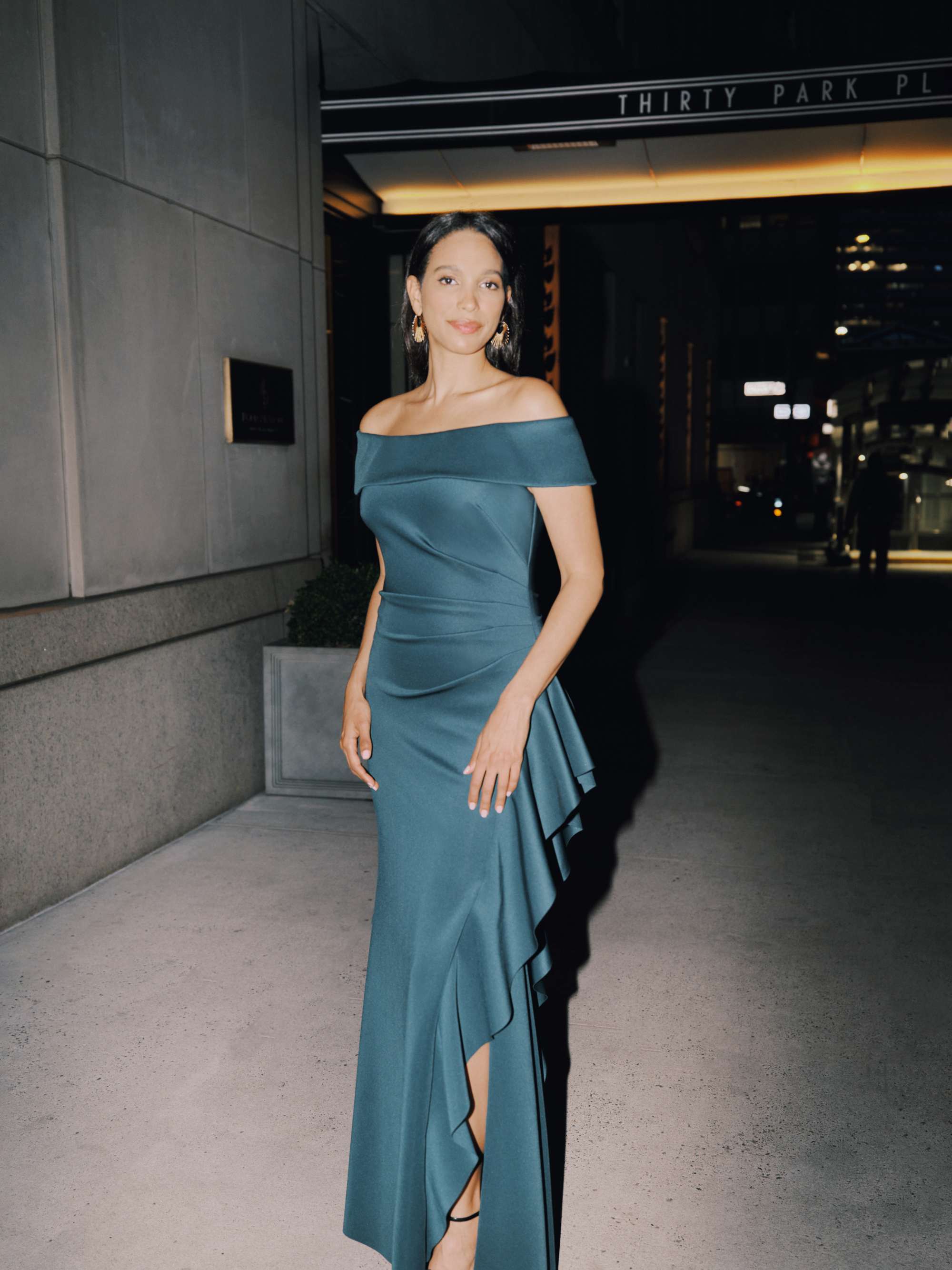 "Dolly" Techno Scuba Off the Shoulder Ruffle Floor Length Dress