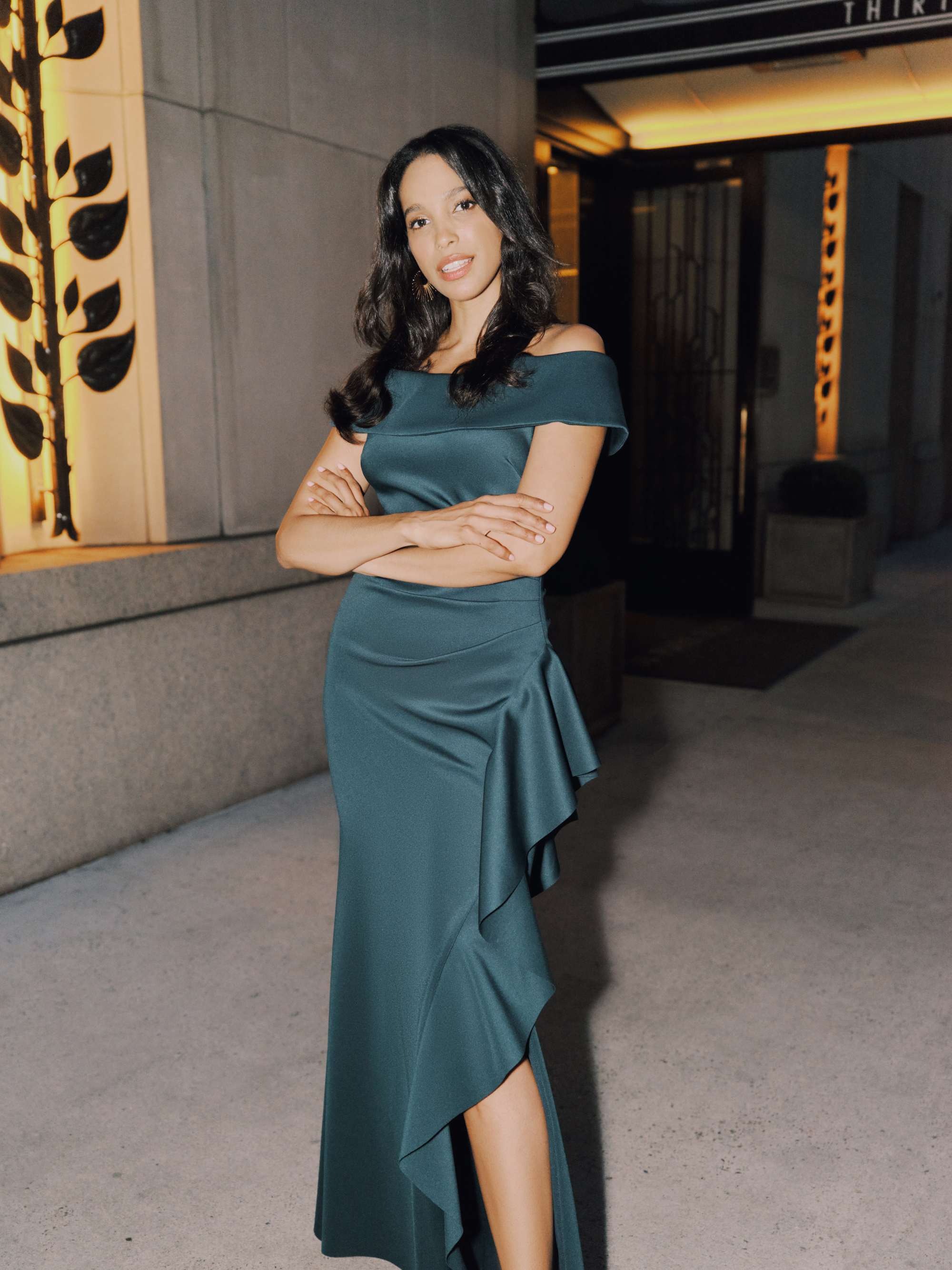 "Dolly" Techno Scuba Off the Shoulder Ruffle Floor Length Dress