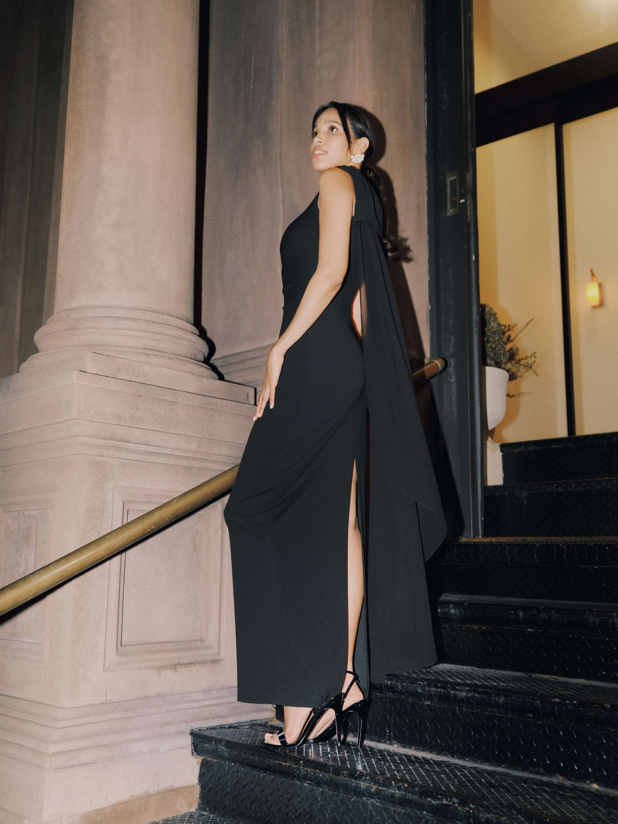 "Grace" Scuba Crepe and Chiffon Cascading One Shoulder Shash Floor Length Dress