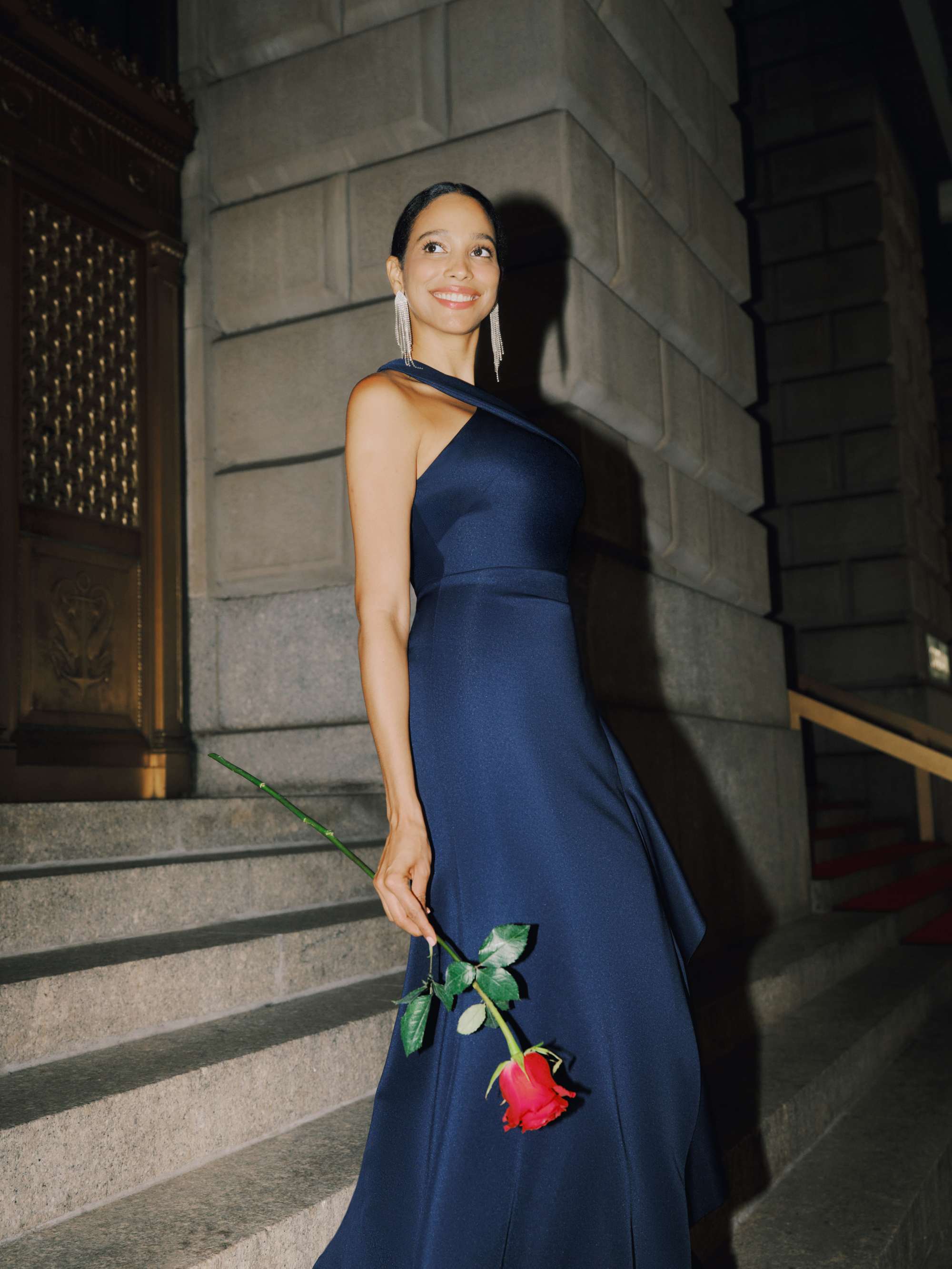 Petite "Gigi" Techno Scuba Cross Neck Ruffle Floor Length Dress