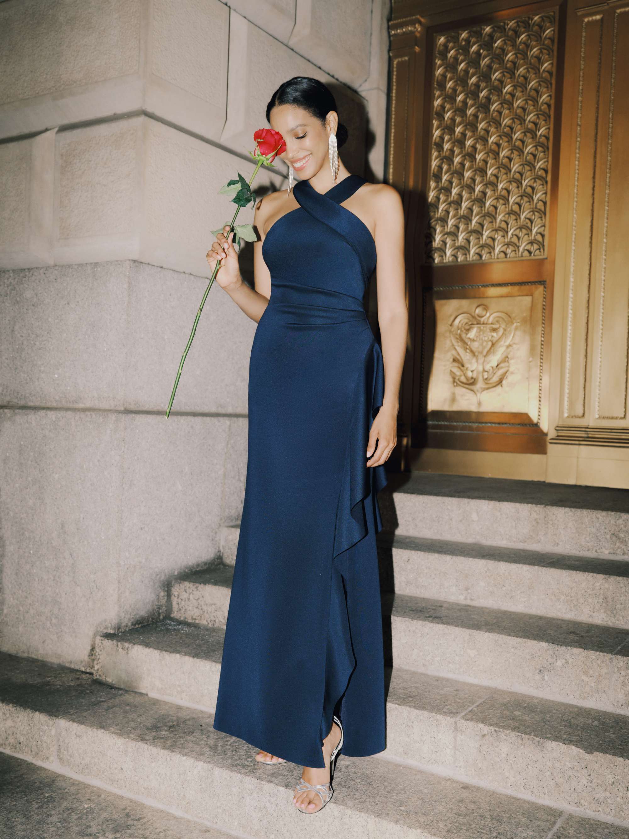 "Gigi" Techno Scuba Cross Neck Ruffle Floor Length Dress