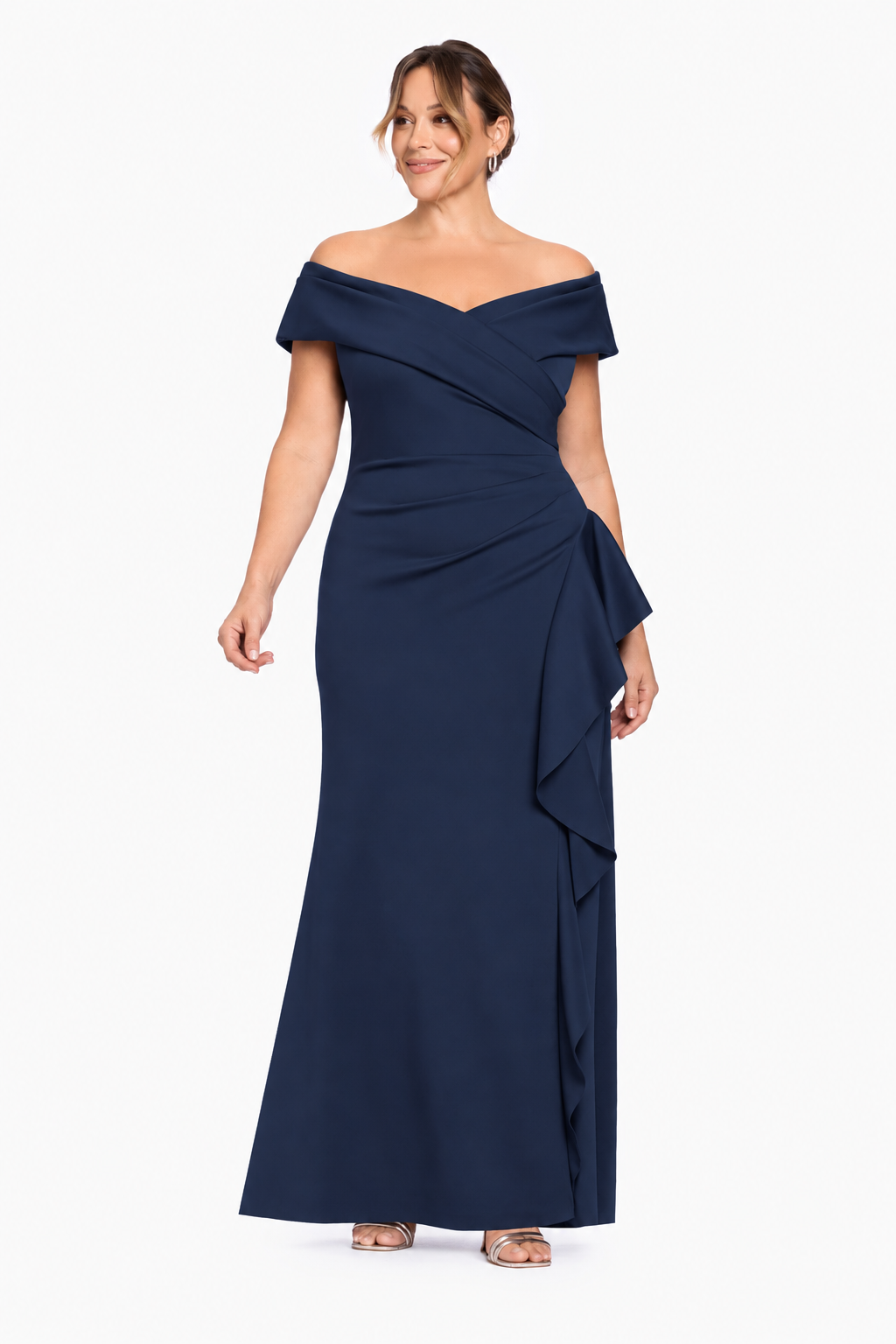 Plus "Pearl" Techno Scuba Off the Shoulder Ruffle Dress