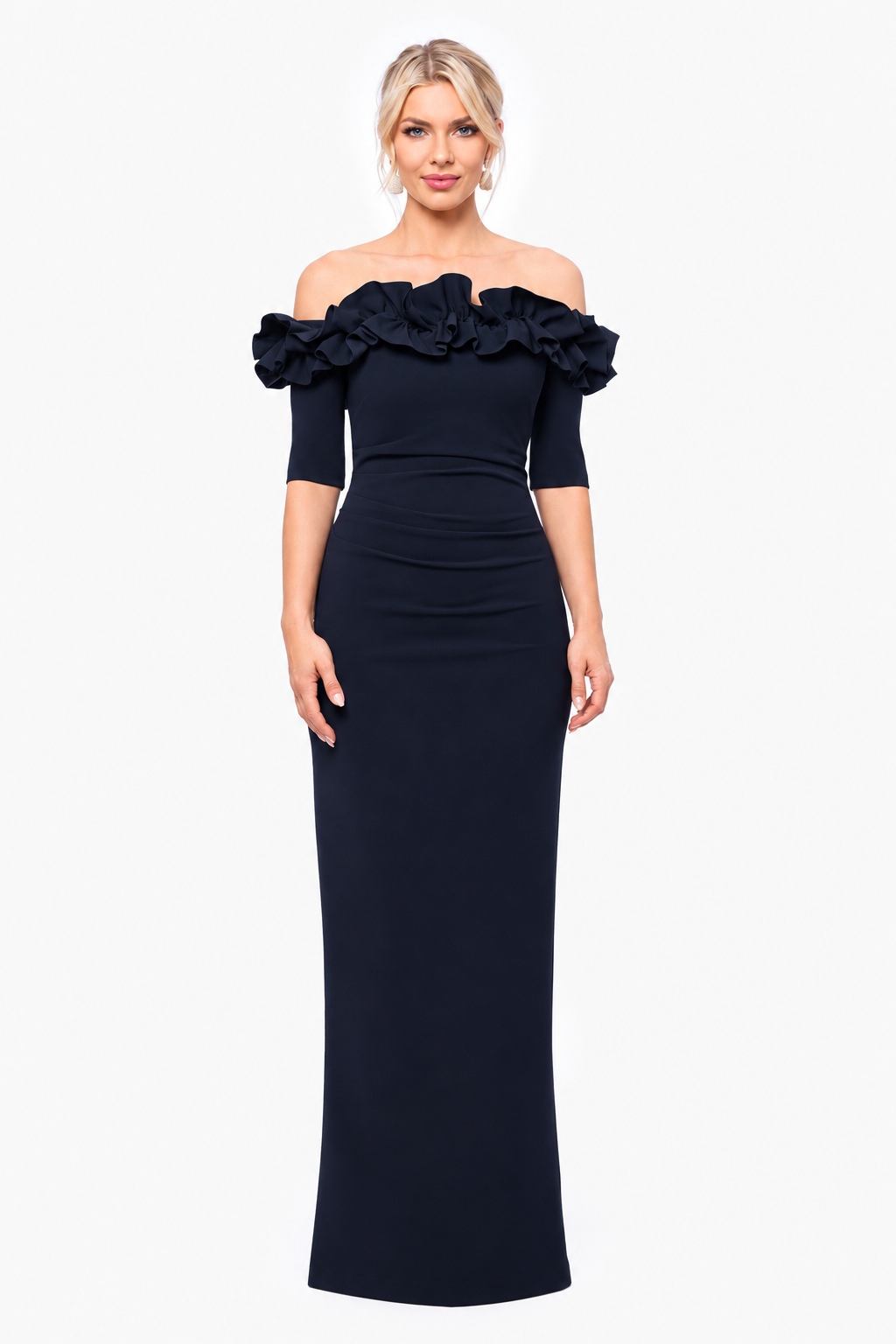 "Isla" Scuba Crepe Off The Shoulder Ruffle Dress