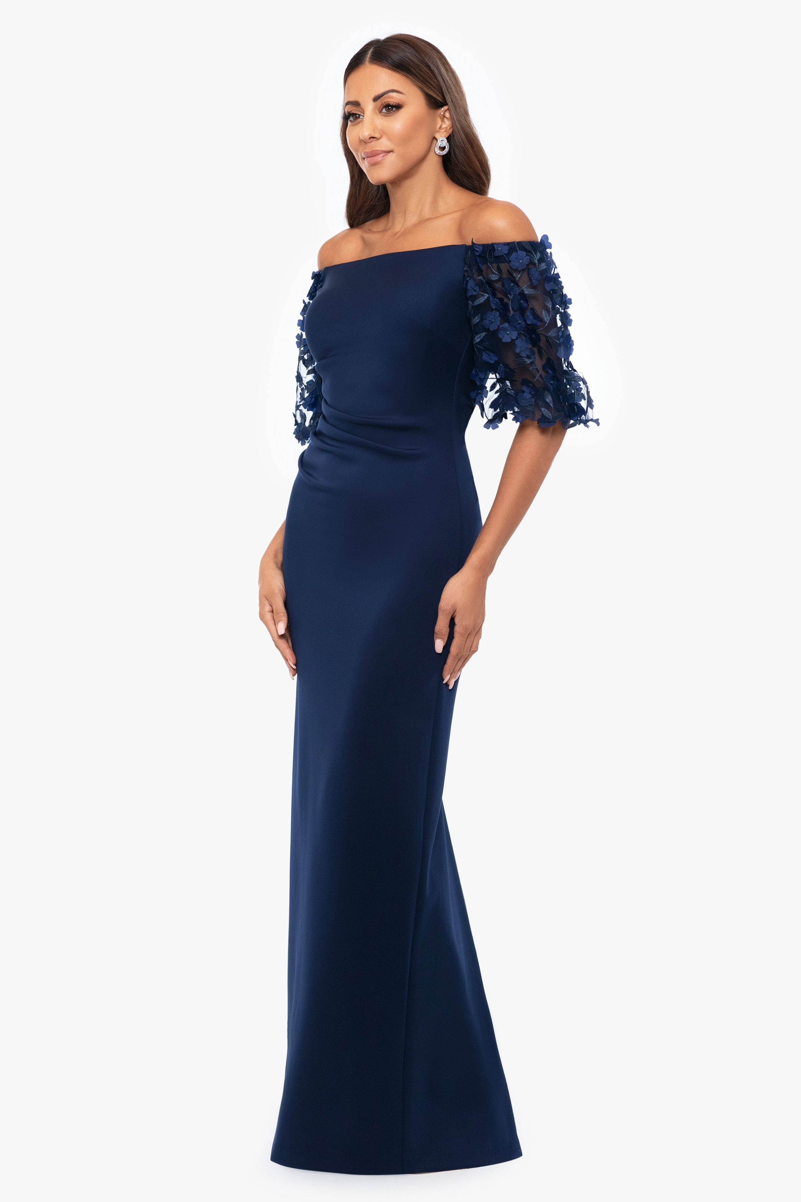 "Bernice" Techno Scuba 3D Floral Sleeve Floor Length dress