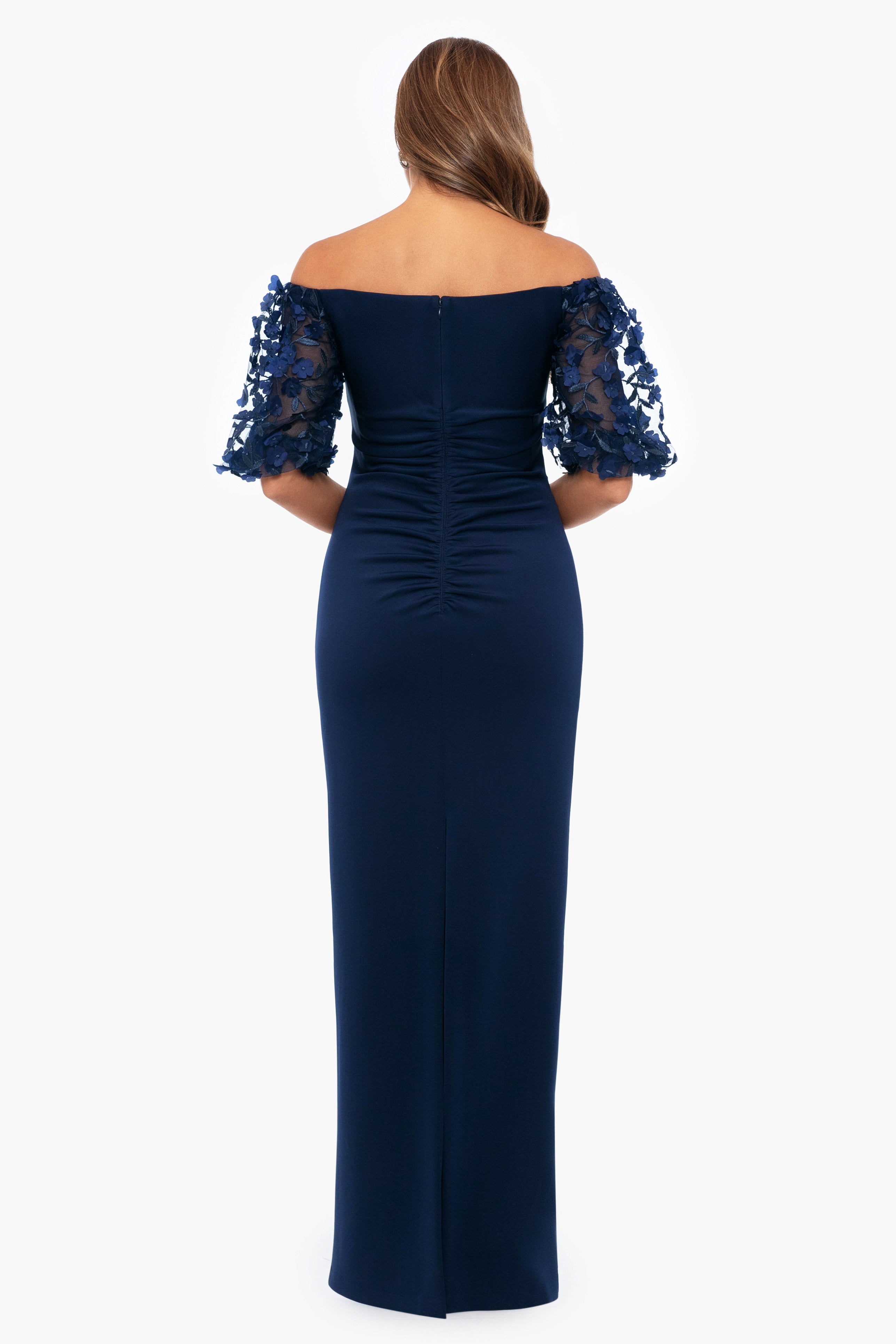 "Bernice" Techno Scuba 3D Floral Sleeve Floor Length dress