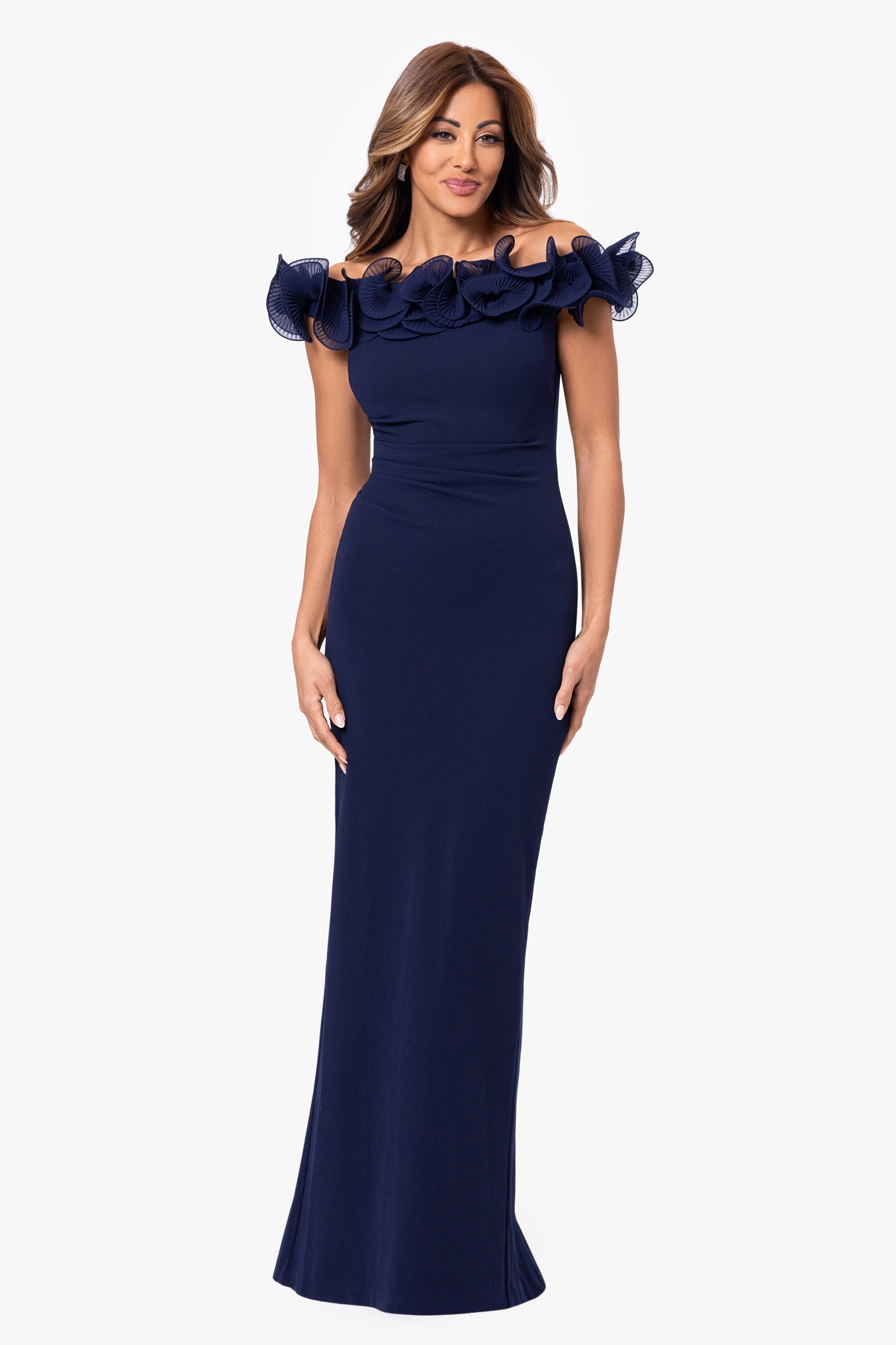 "Jessica" Scuba Crepe Ruffle Wire Neck Dress