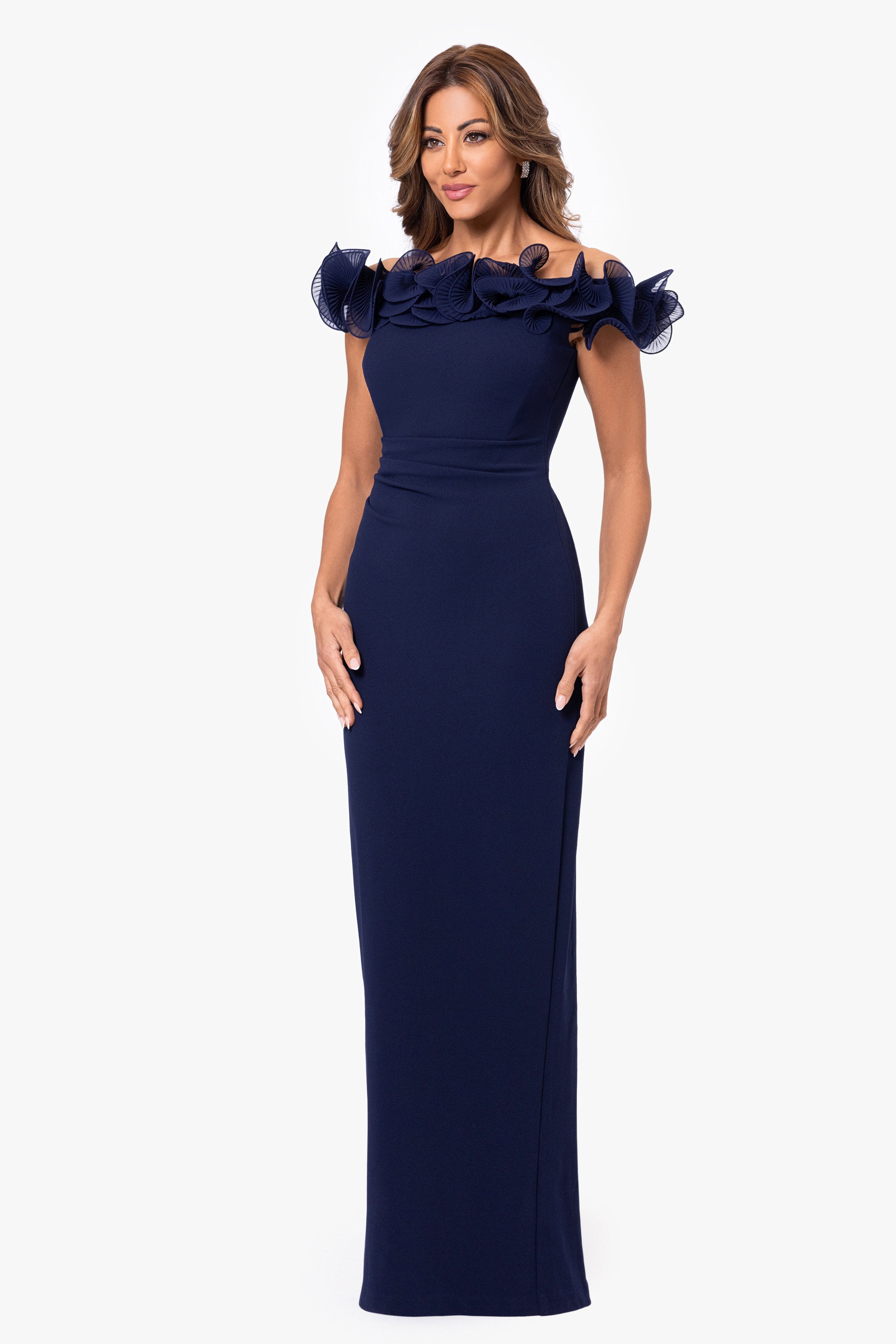 "Jessica" Scuba Crepe Ruffle Wire Neck Dress