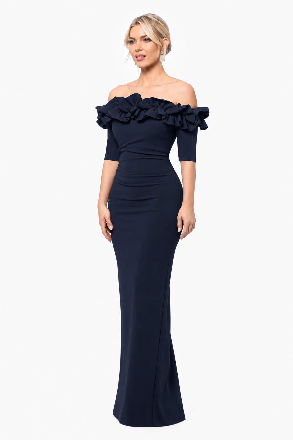 "Isla" Scuba Crepe Off The Shoulder Ruffle Dress