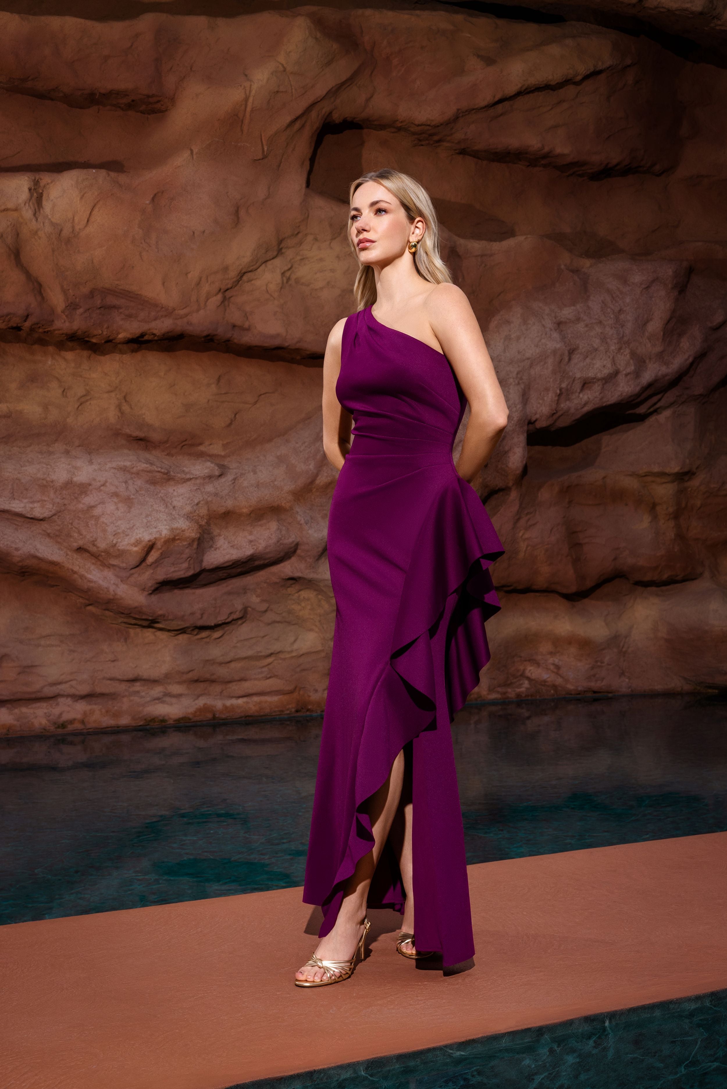 "Flo" Long Techno Scuba One Shoulder Ruffle Dress