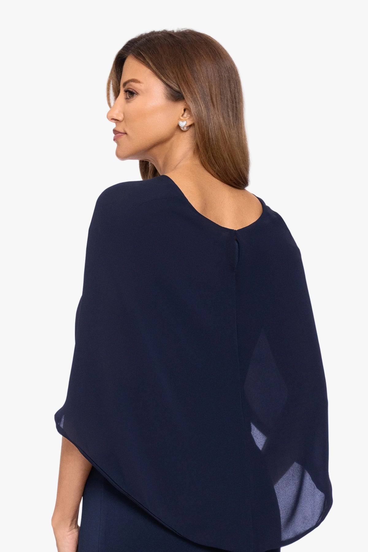 Navy “Nikita” Chiffon Twist Shawl Wrap, back view on model