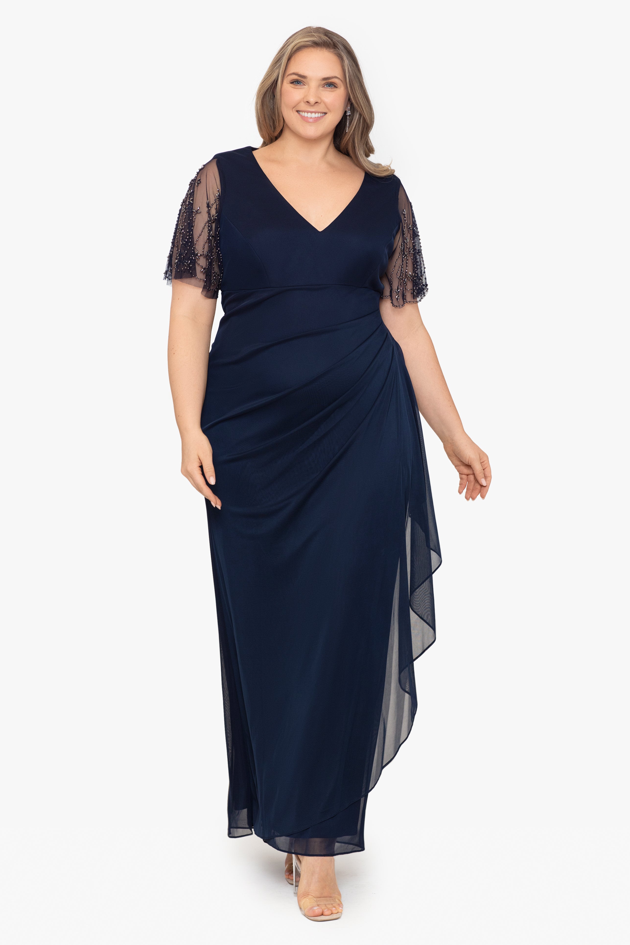 Plus "Janice" Jersey Embellished Sleeve Floor Length Dress
