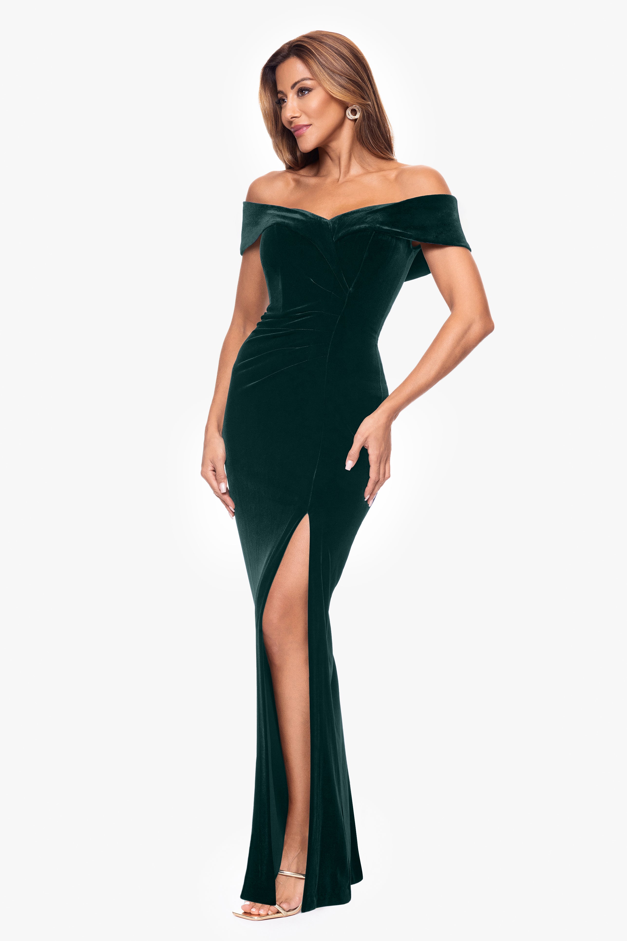 Petite "Charmaine" Long Off the Shoulder Velvet Gown