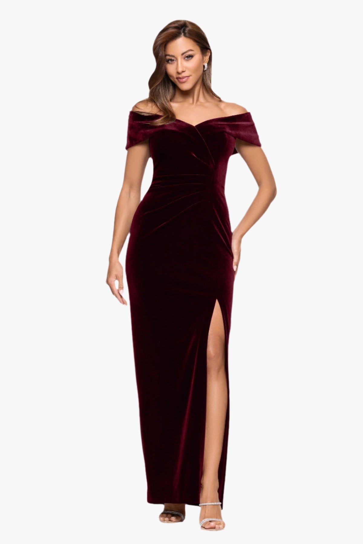 Petite "Charmaine" Long Off the Shoulder Velvet Gown