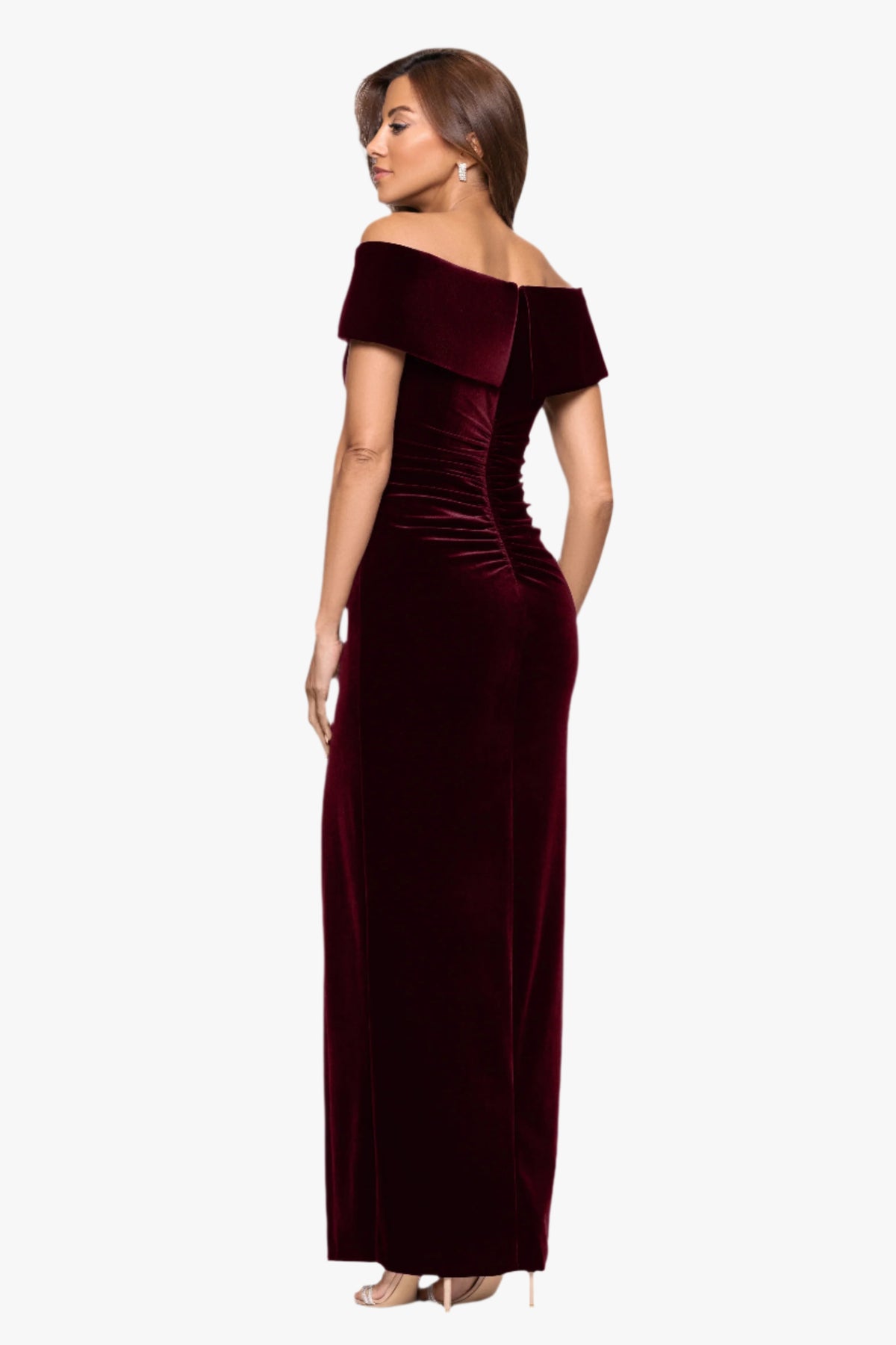 Petite "Charmaine" Long Off the Shoulder Velvet Gown