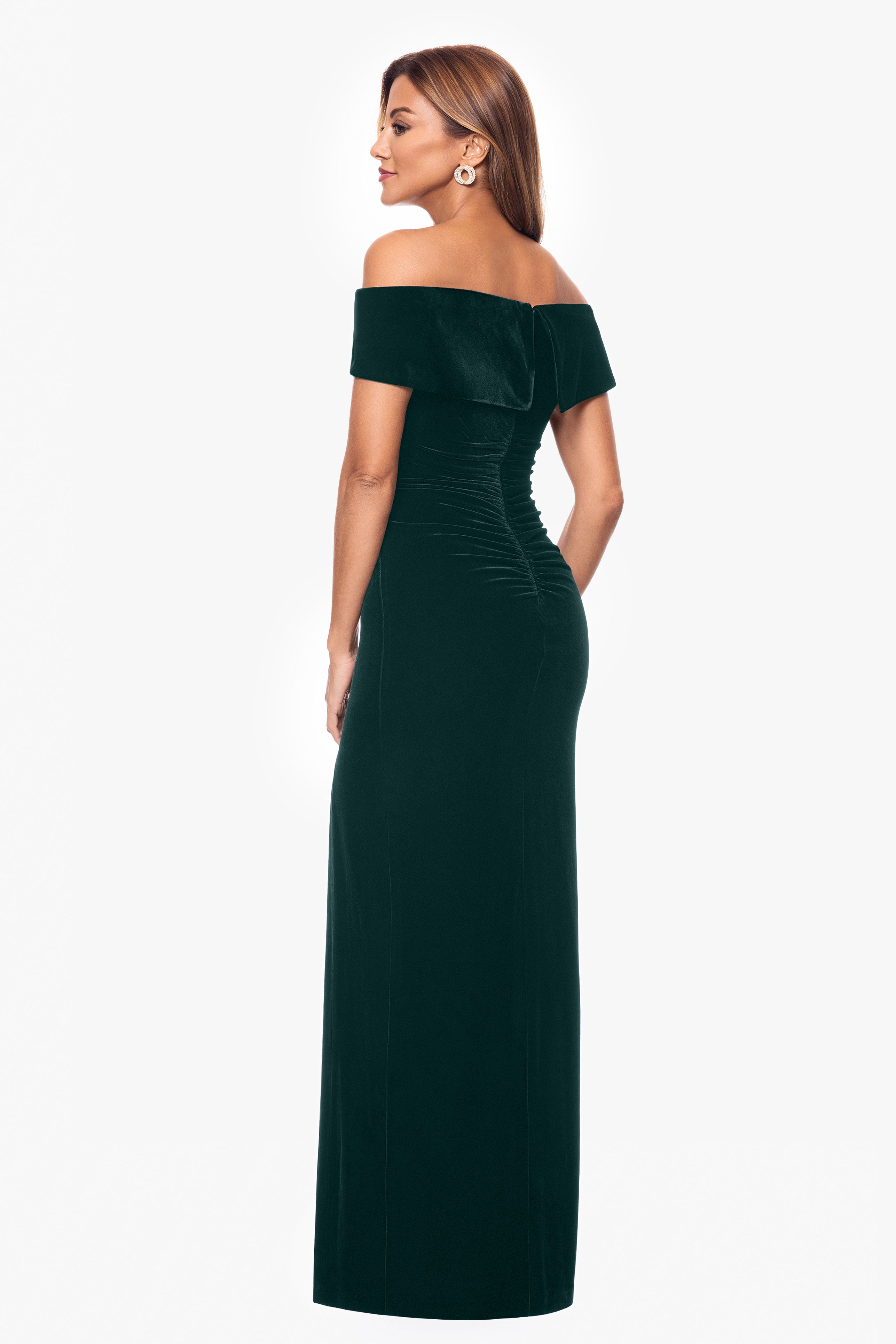 Petite "Charmaine" Long Off the Shoulder Velvet Gown