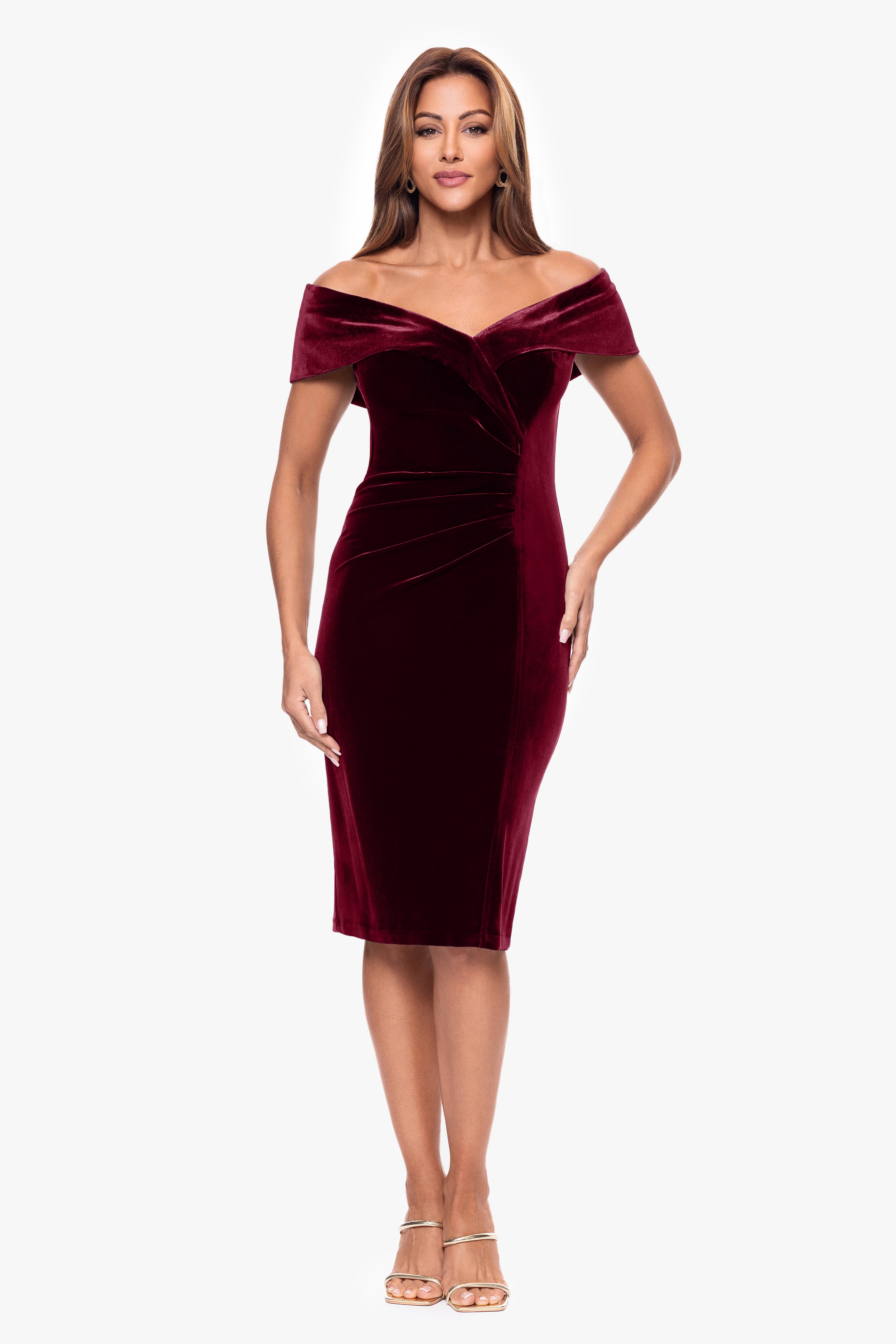 "Felicity" Knee Length Off the Shoulder Ruched Velvet Dress