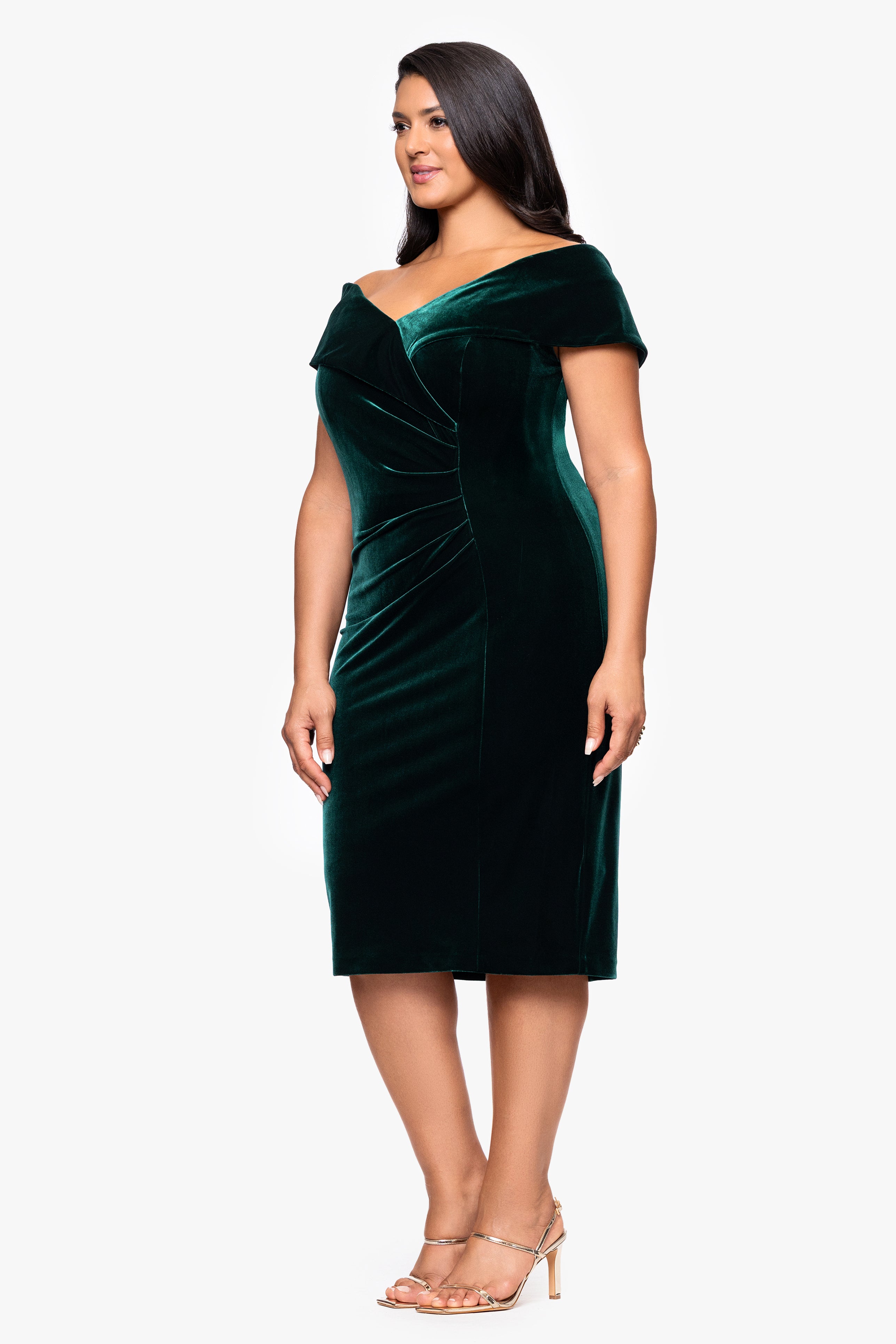 Plus "Felicity" Knee Length Off the Shoulder Ruched Velvet Dress