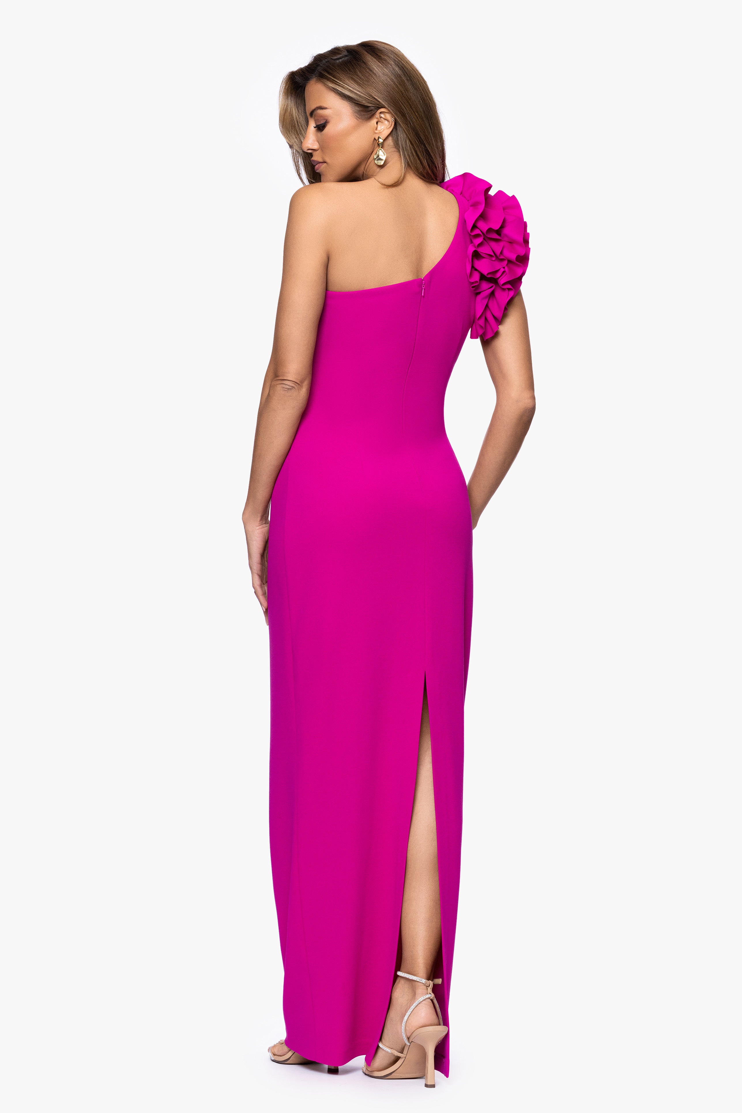 "Harper" Scuba Crepe One Shoulder Ruffle Floor Length Dress
