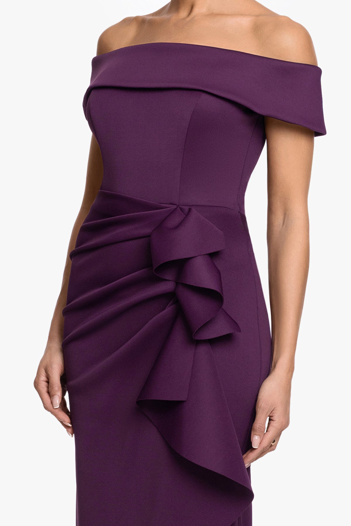"Rihanna" Scuba Crepe Off Shoulder Side Ruffle Dress