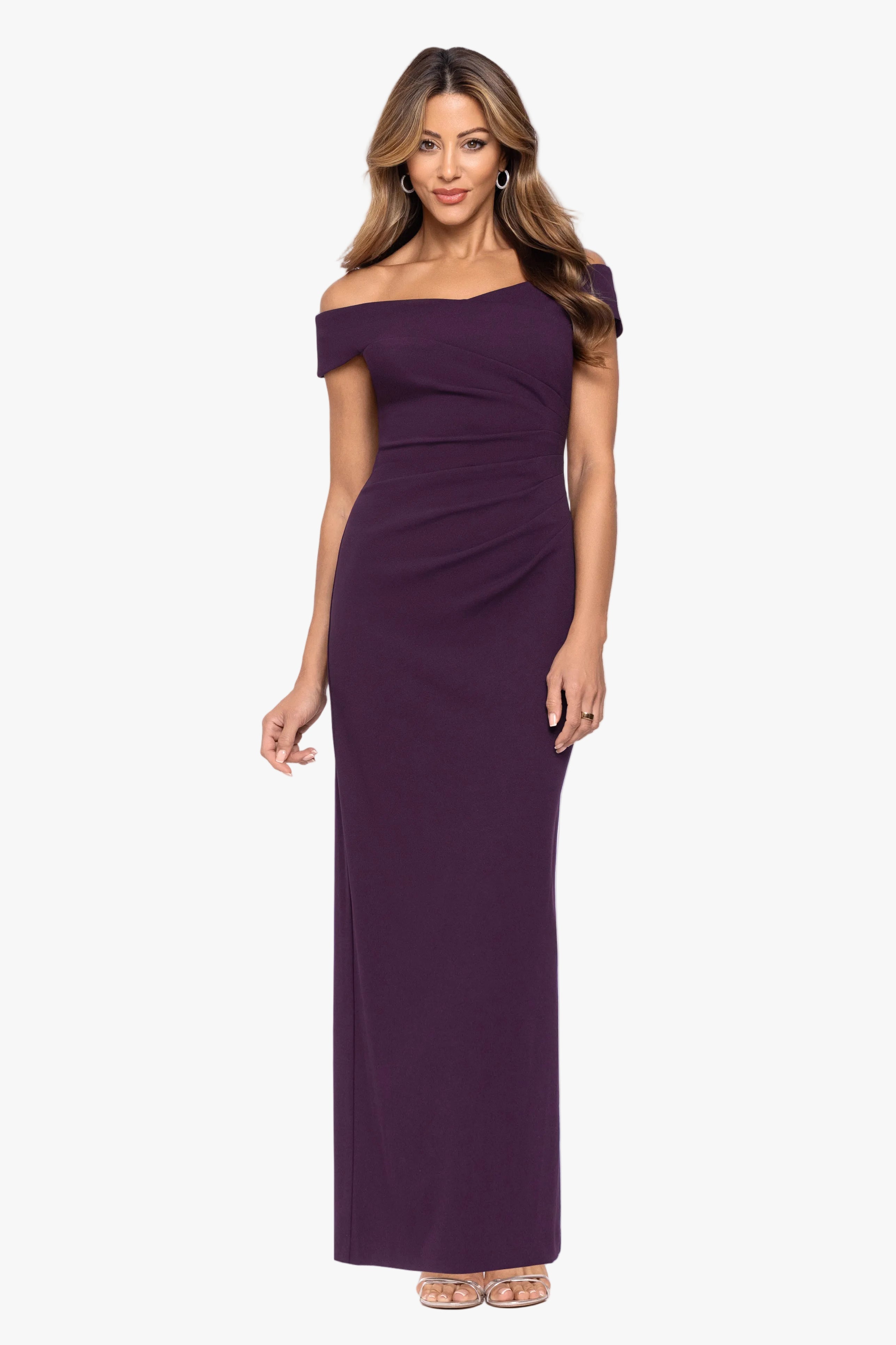 Petite "Ophelia" Scuba Crepe Off Shoulder Dress