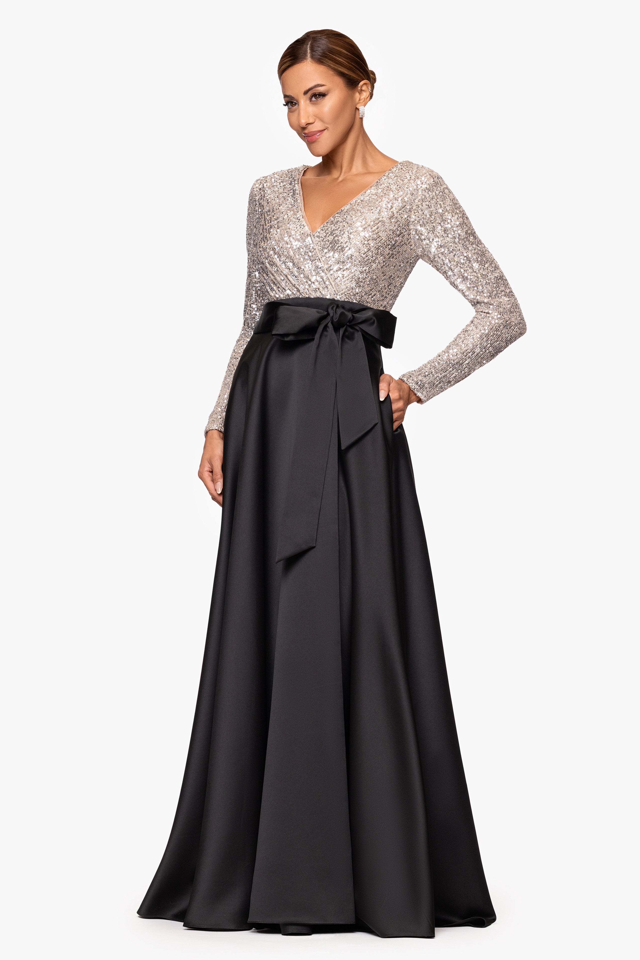 "Dixie" V-Neck Long Sleeve Sequin Top Waistband with Bow Gown