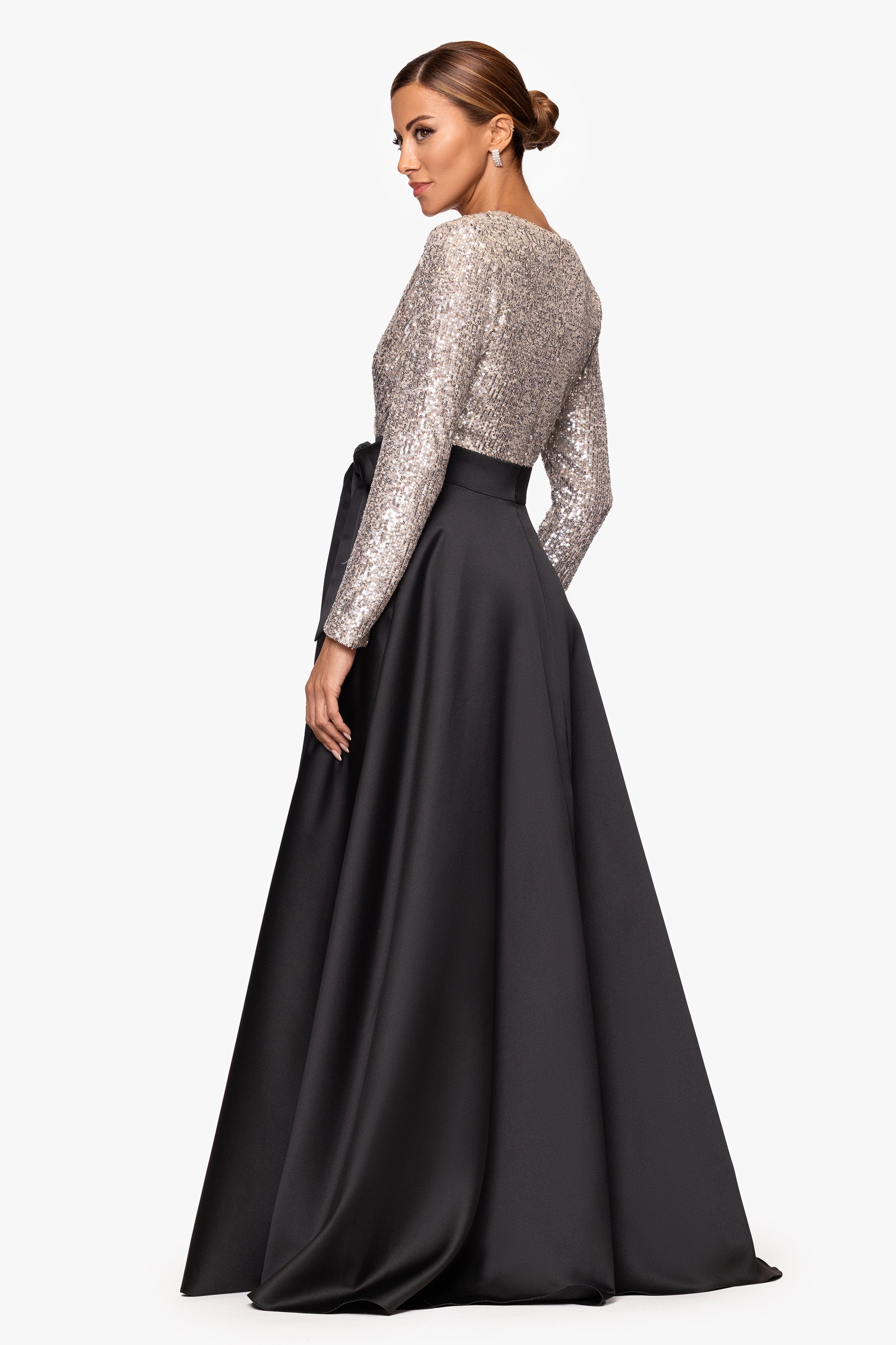 "Dixie" V-Neck Long Sleeve Sequin Top Waistband with Bow Gown