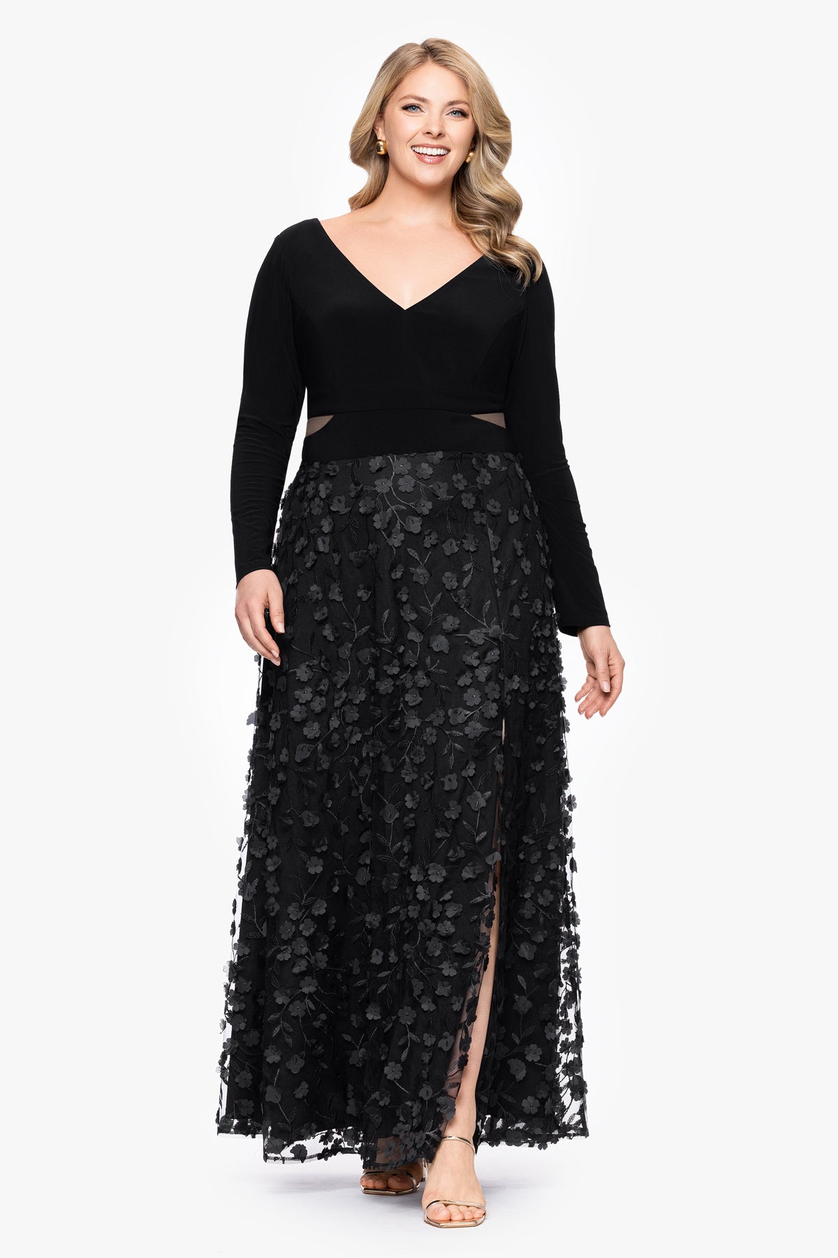 Plus "Aurora" V - Neck Long Sleeve Raised Flower Slit Dress
