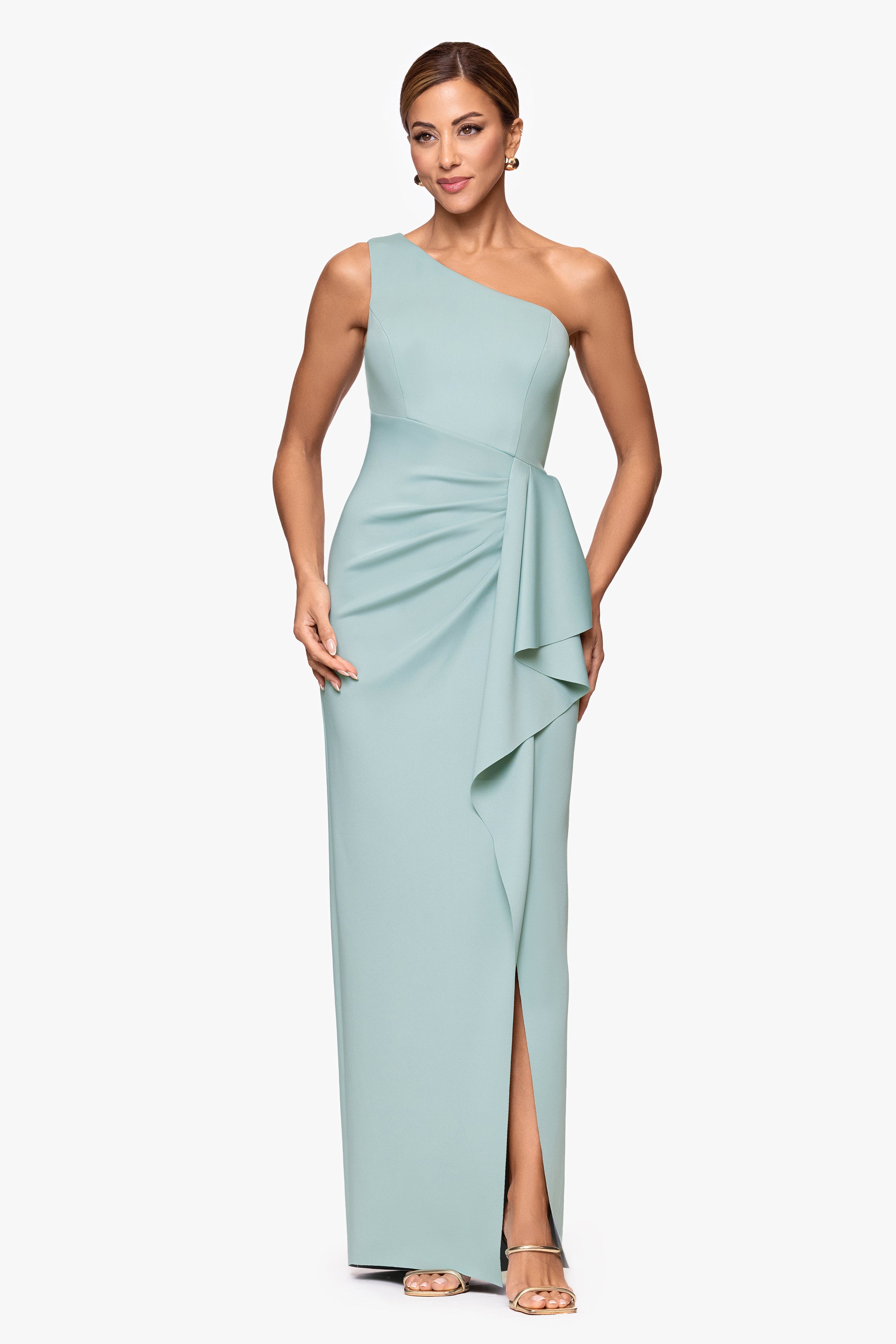 "Klaudia" Scuba Crepe One Shoulder Floor Length Dress