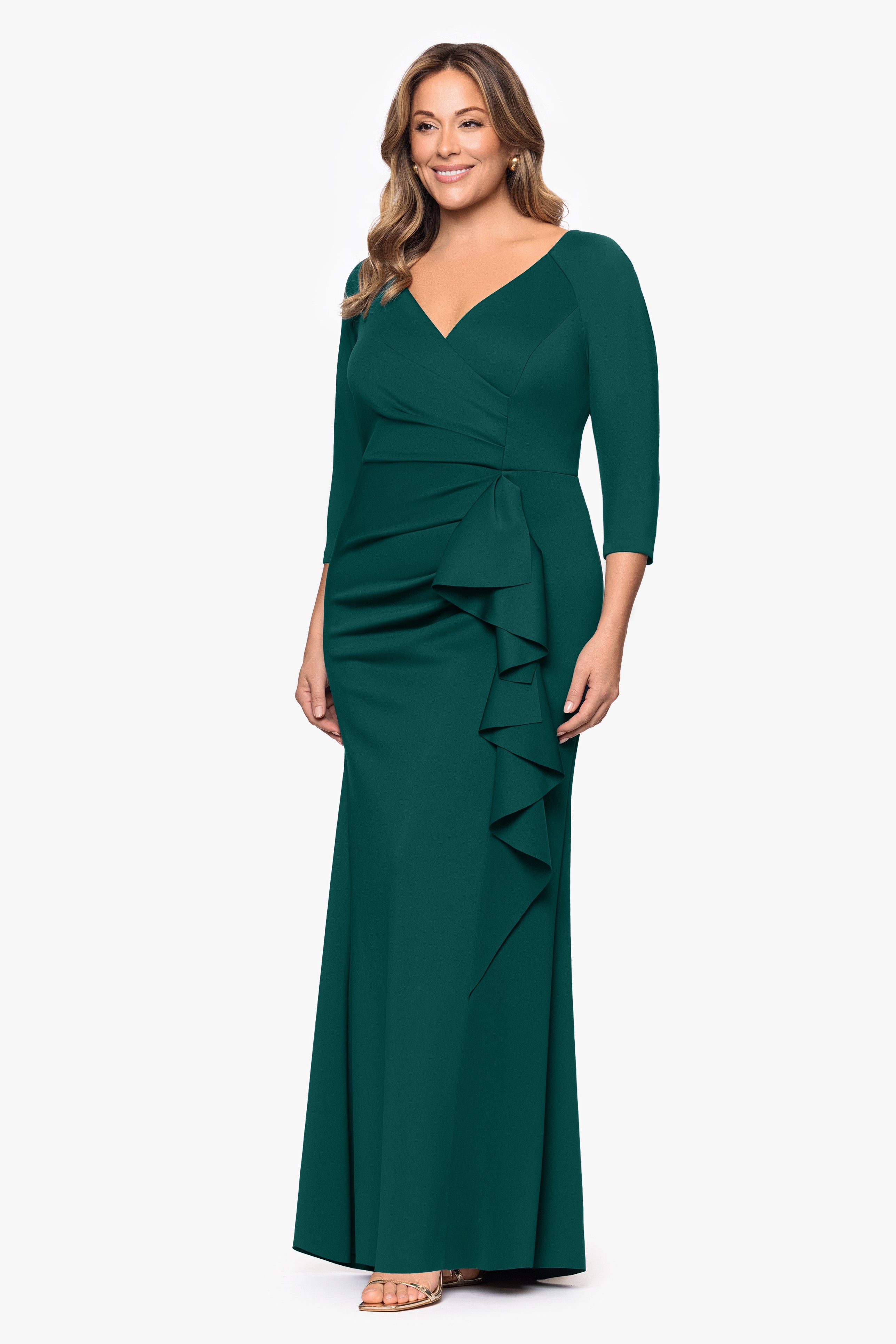 Plus "Debra" Scuba Crepe Long Sleeve Side Ruffle Dress
