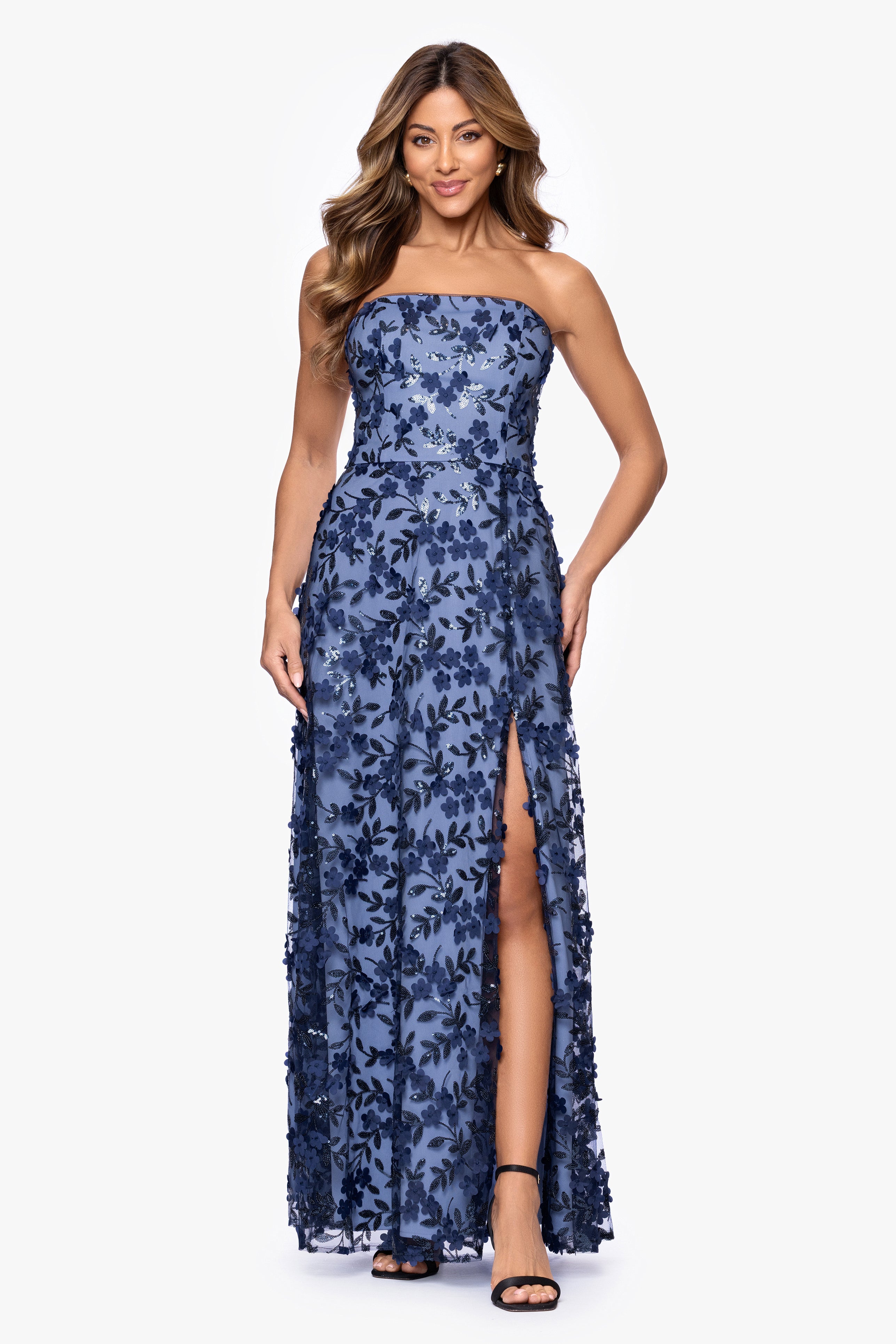 "Lola" Sequin Flower Embellished Floor Length Dress