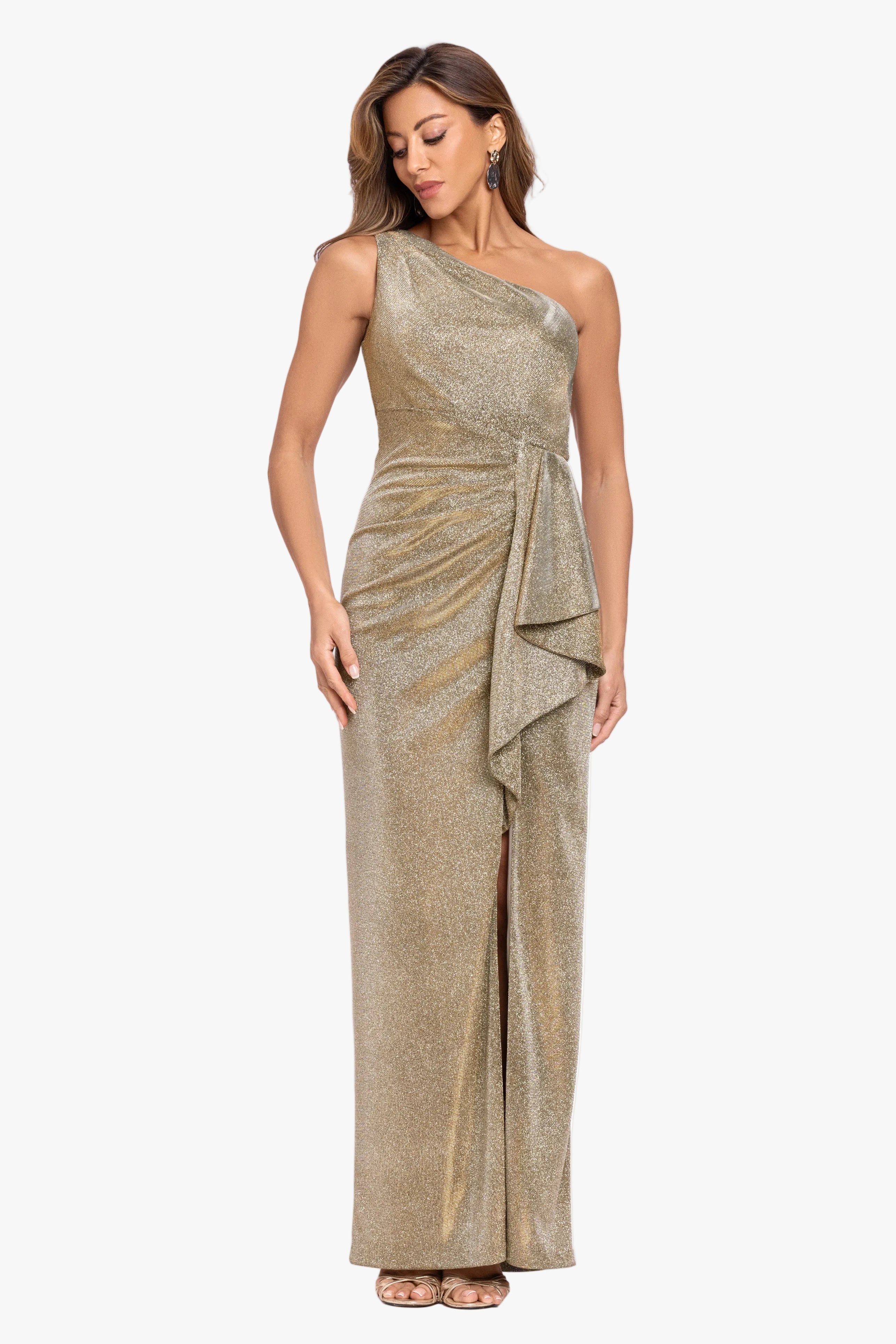 "Misha" Glitter Knit One Shoulder Side Ruffle Dress