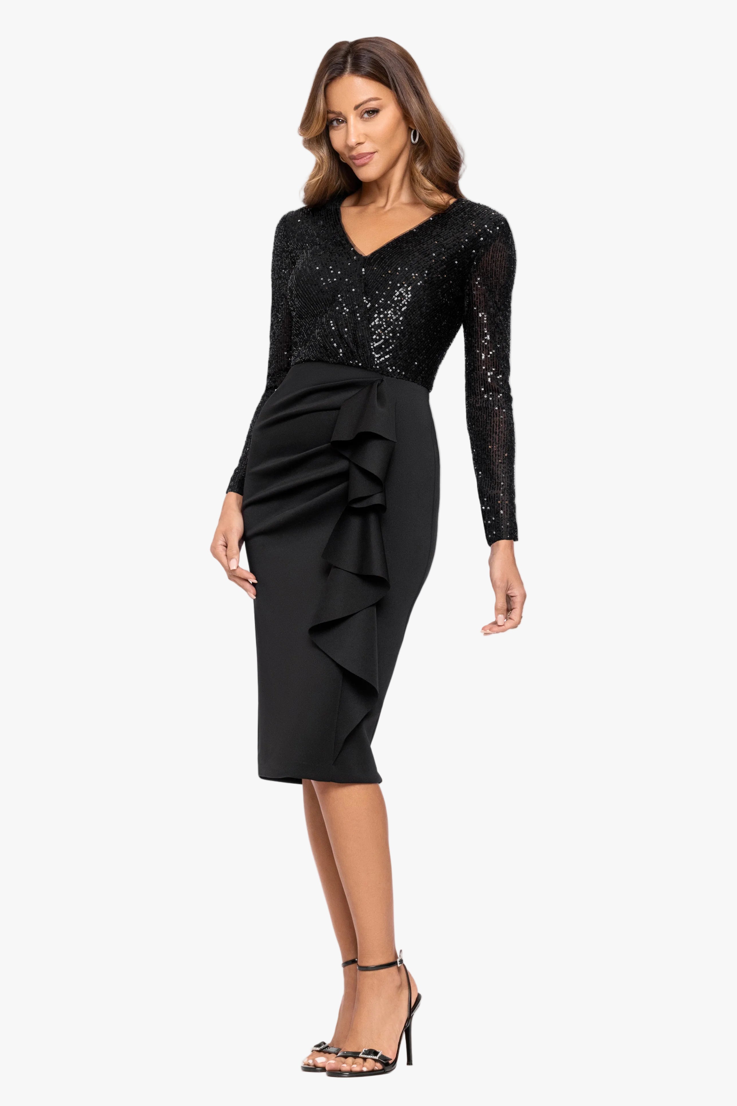 "Libby" Sequin Long Sleeve Top & Scuba Crepe Skirt Midi Dress