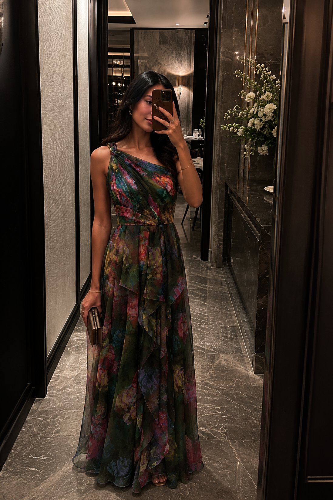 "Vera" Printed Organza One Shoulder Floor Dress