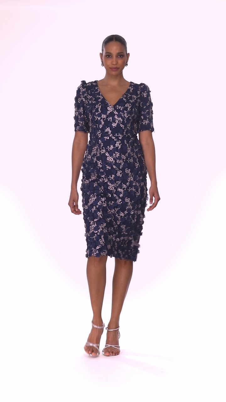 "Lucille" Knee Length 3D Embellished Short V-Neck Dress