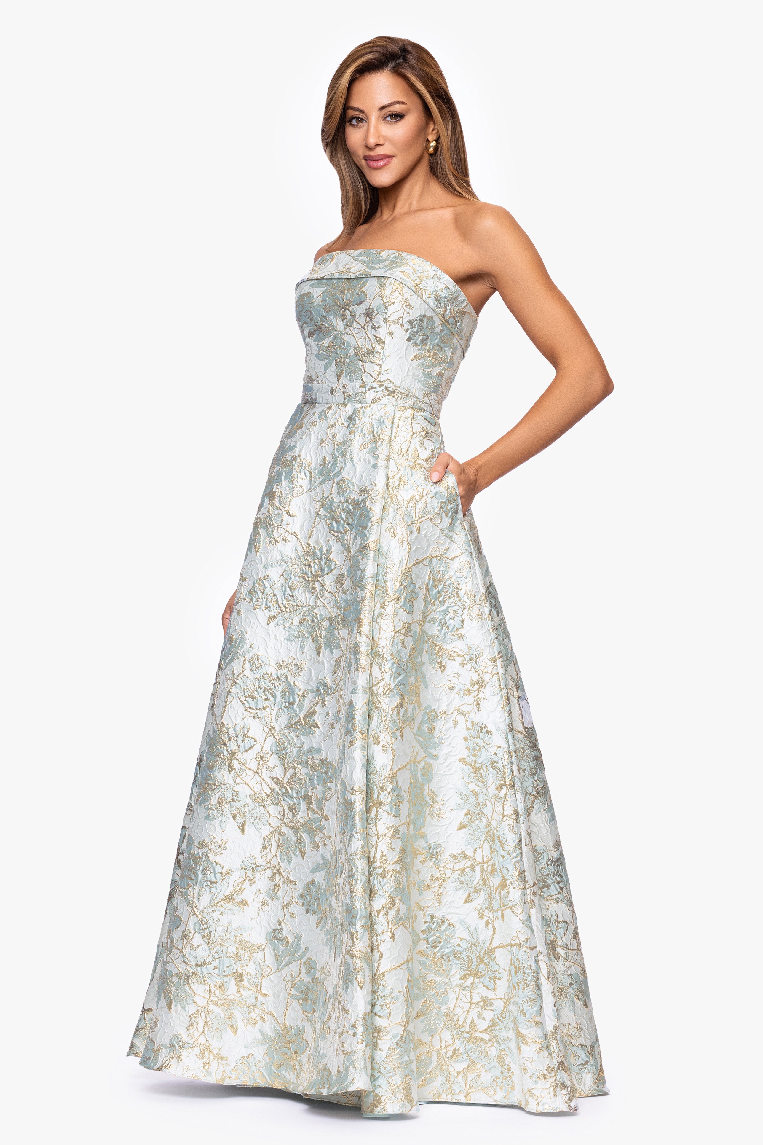 Xscape Evenings "Brandy" Brocade Strapless Floor Length Dress