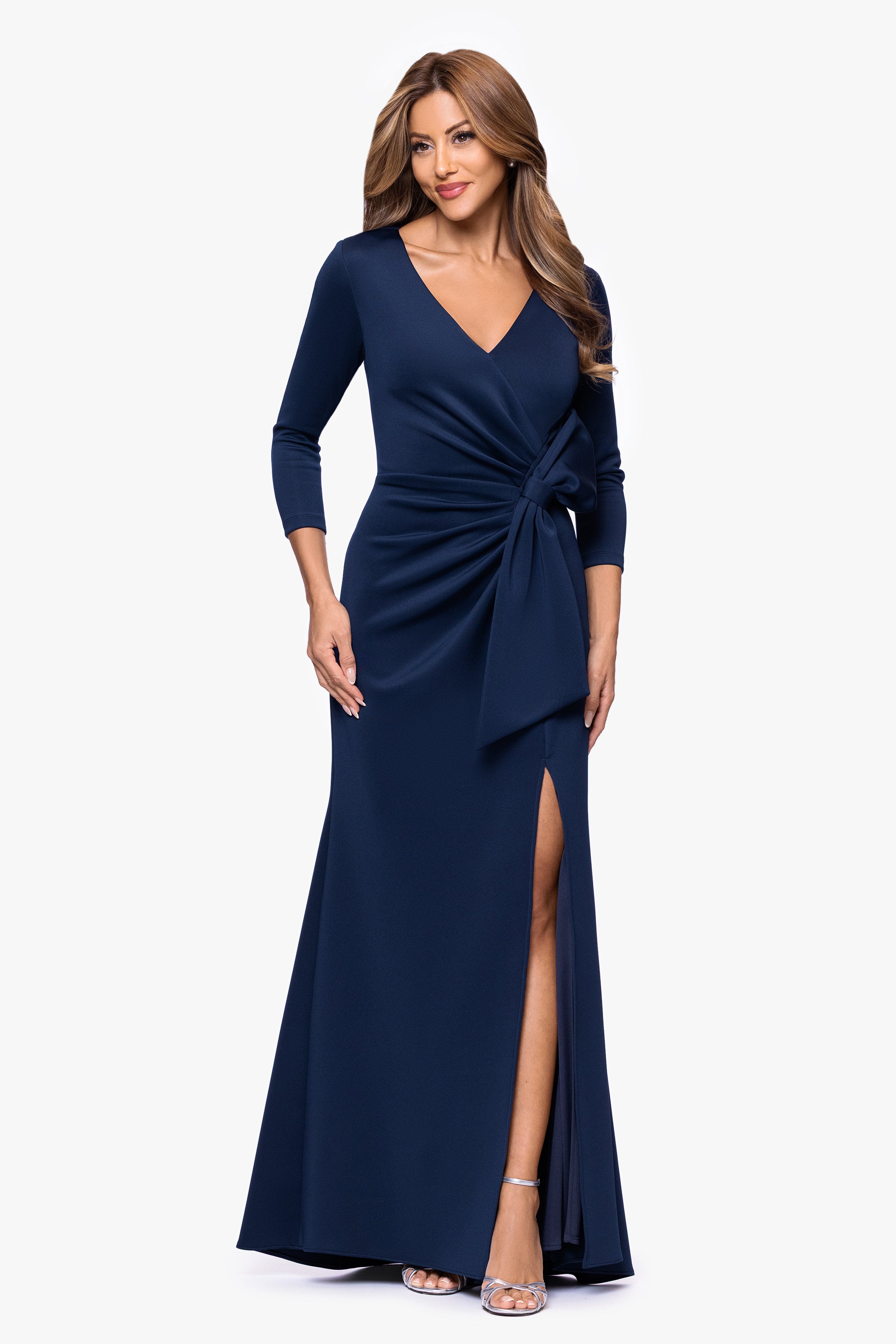 Xscape Evenings "Charlotte" Techno Scuba Long Sleeve Bow Floor Length Dress