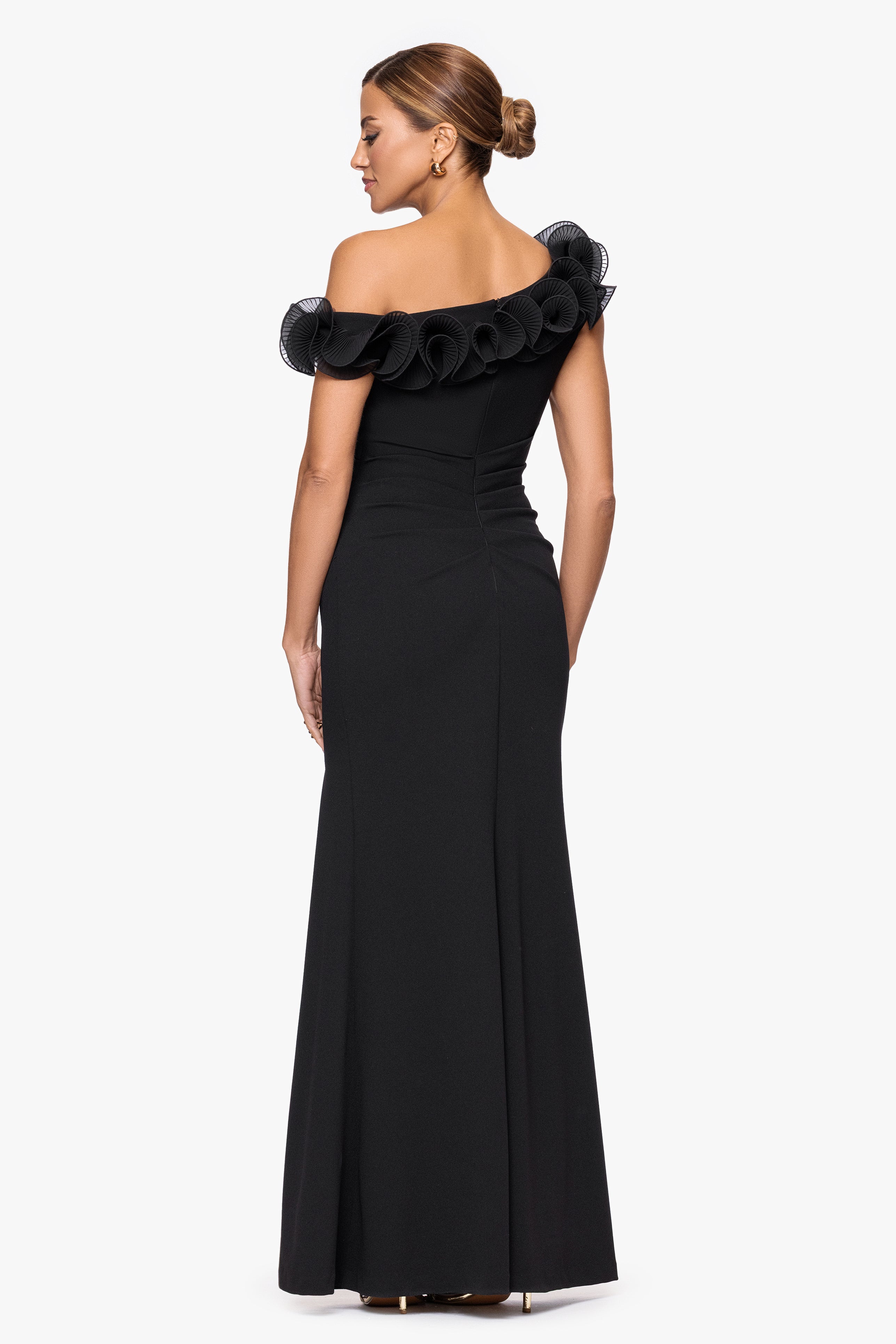 Xscape Evenings "Delilah" Scuba Crepe Drop Shoulder Chiffon Ruffle Floor Length Dress