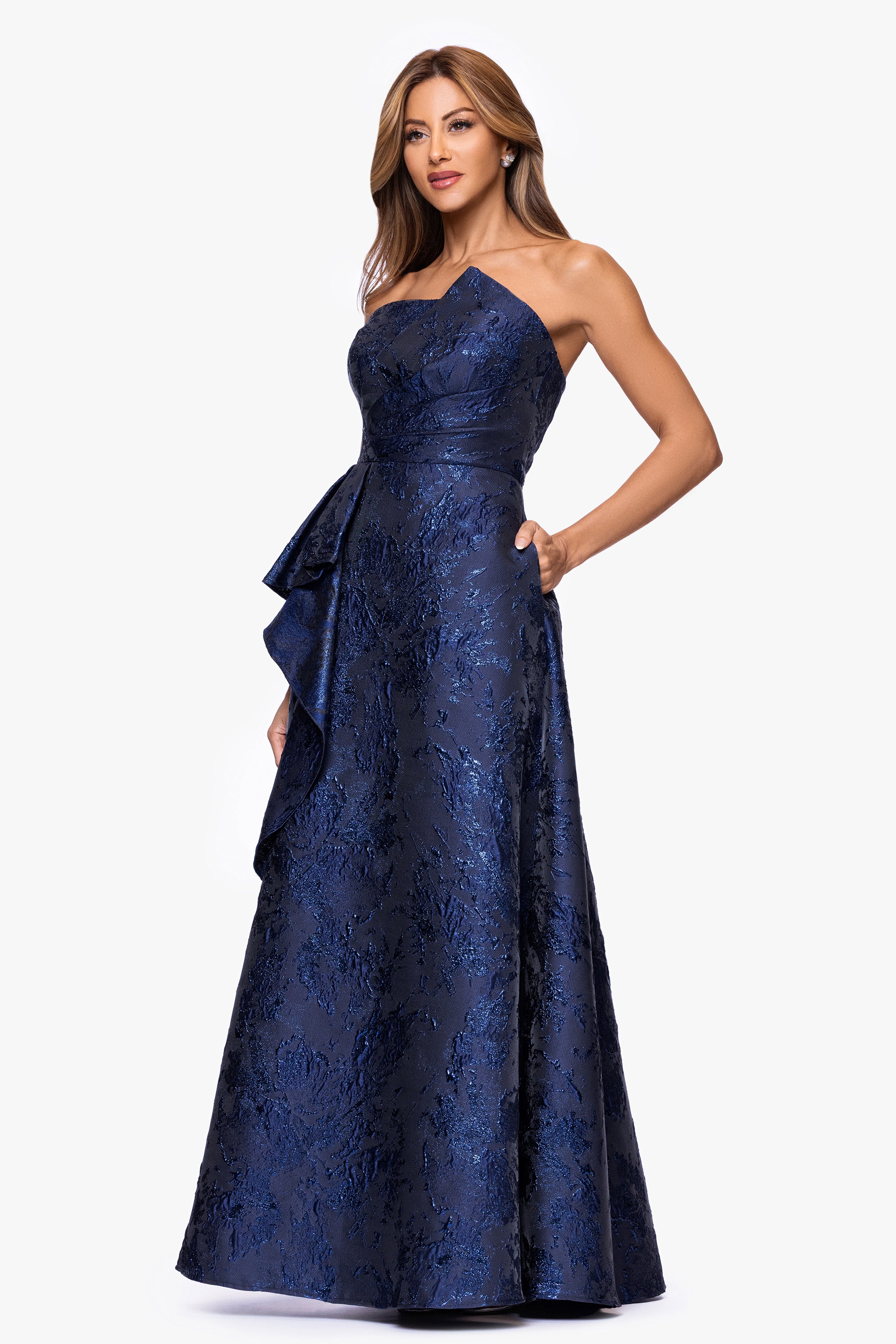 Xscape Evenings "Emelia" Brocade Strapless Ruffle Floor Length Dress