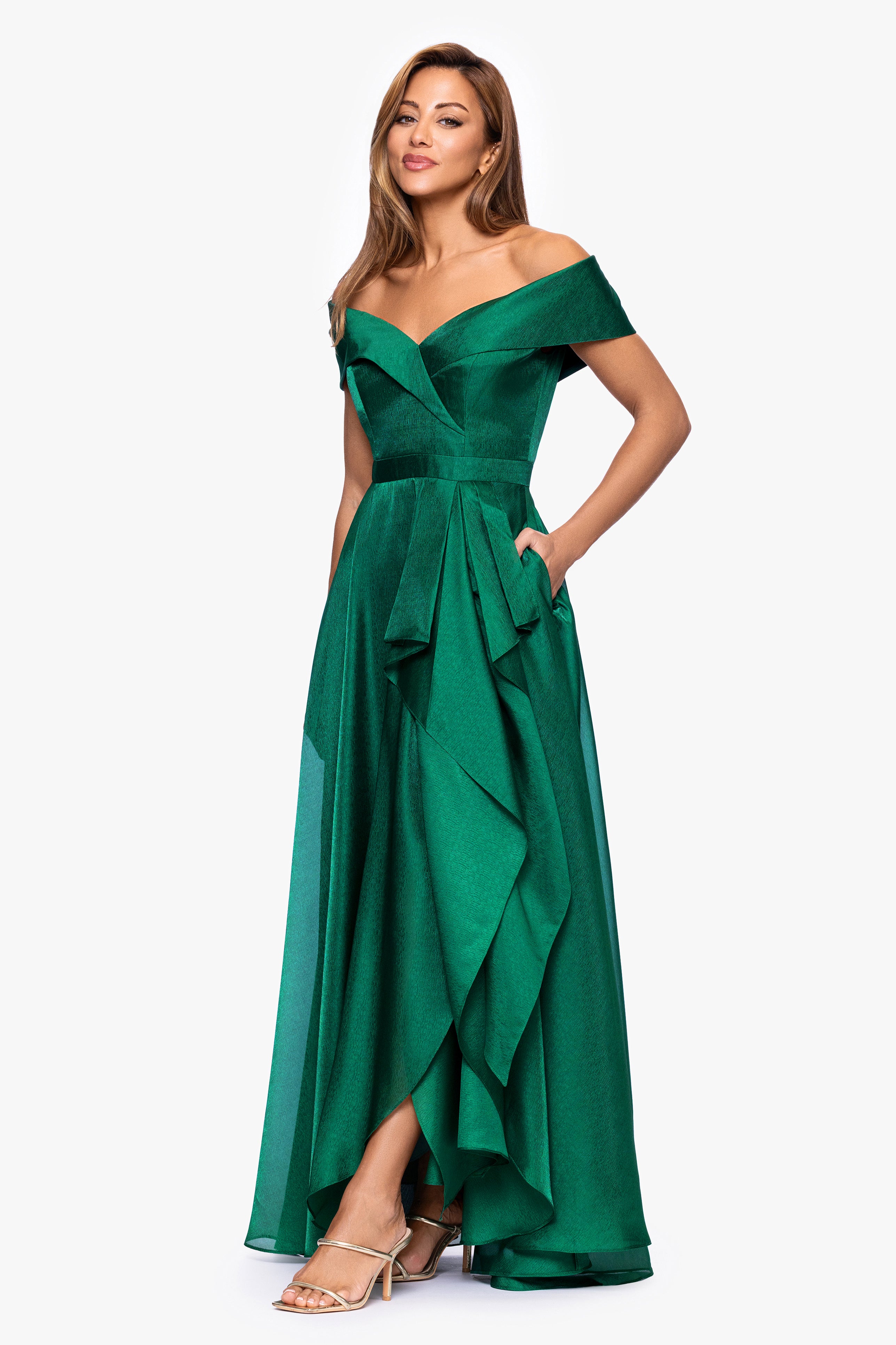 Xscape Evenings "Gina" Organza Off the Shoulder Ruffle Floor Length Dress