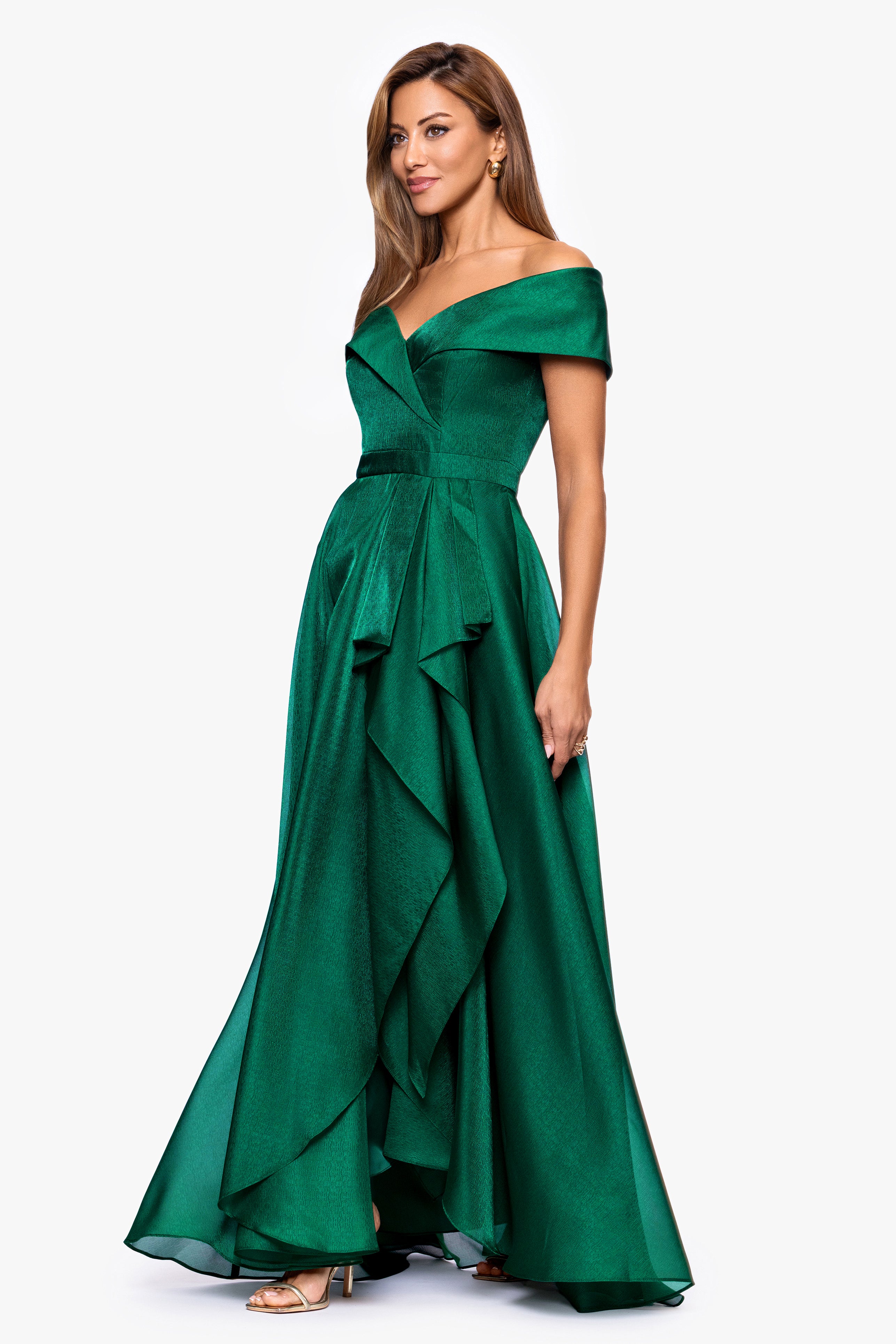 Xscape Evenings "Gina" Organza Off the Shoulder Ruffle Floor Length Dress